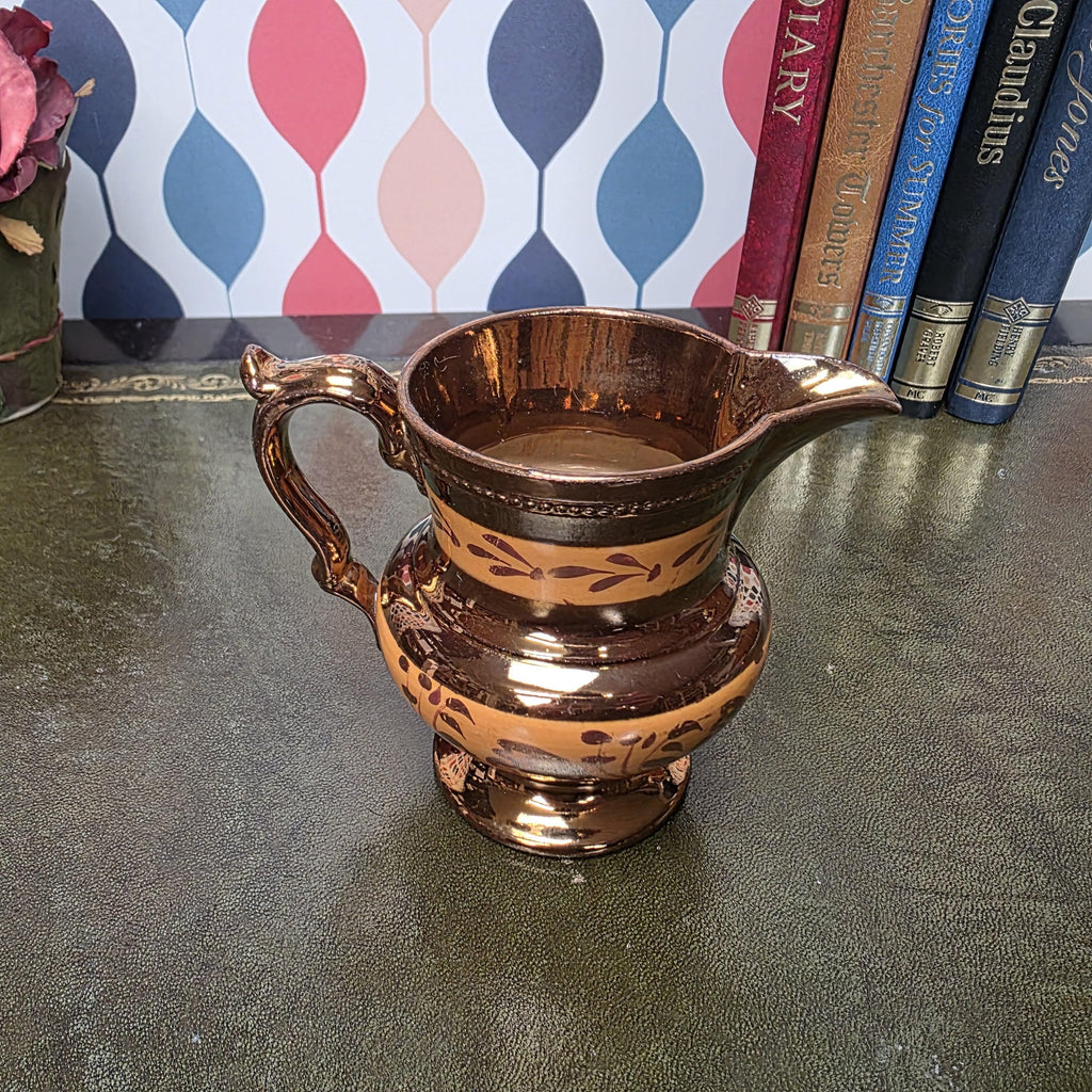 Vintage Copper Lustre Jug Ceramic Creamer Pitcher Brown Lustreware Floral Pattern English Style Cottage