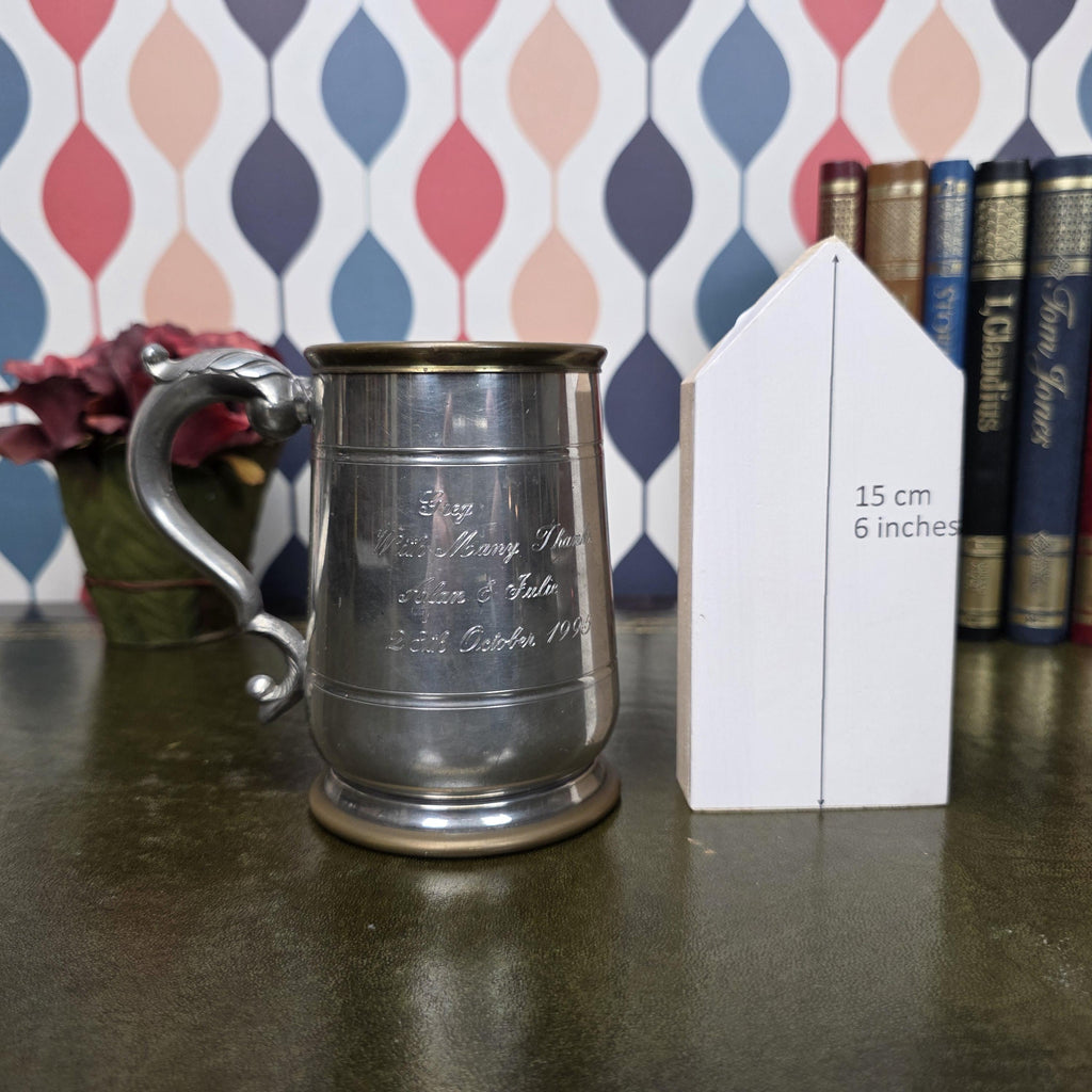Vintage Engraved Pewter Tankard Mug Ornate Handle Greg Thank You Gift 1995 Barware Collectible