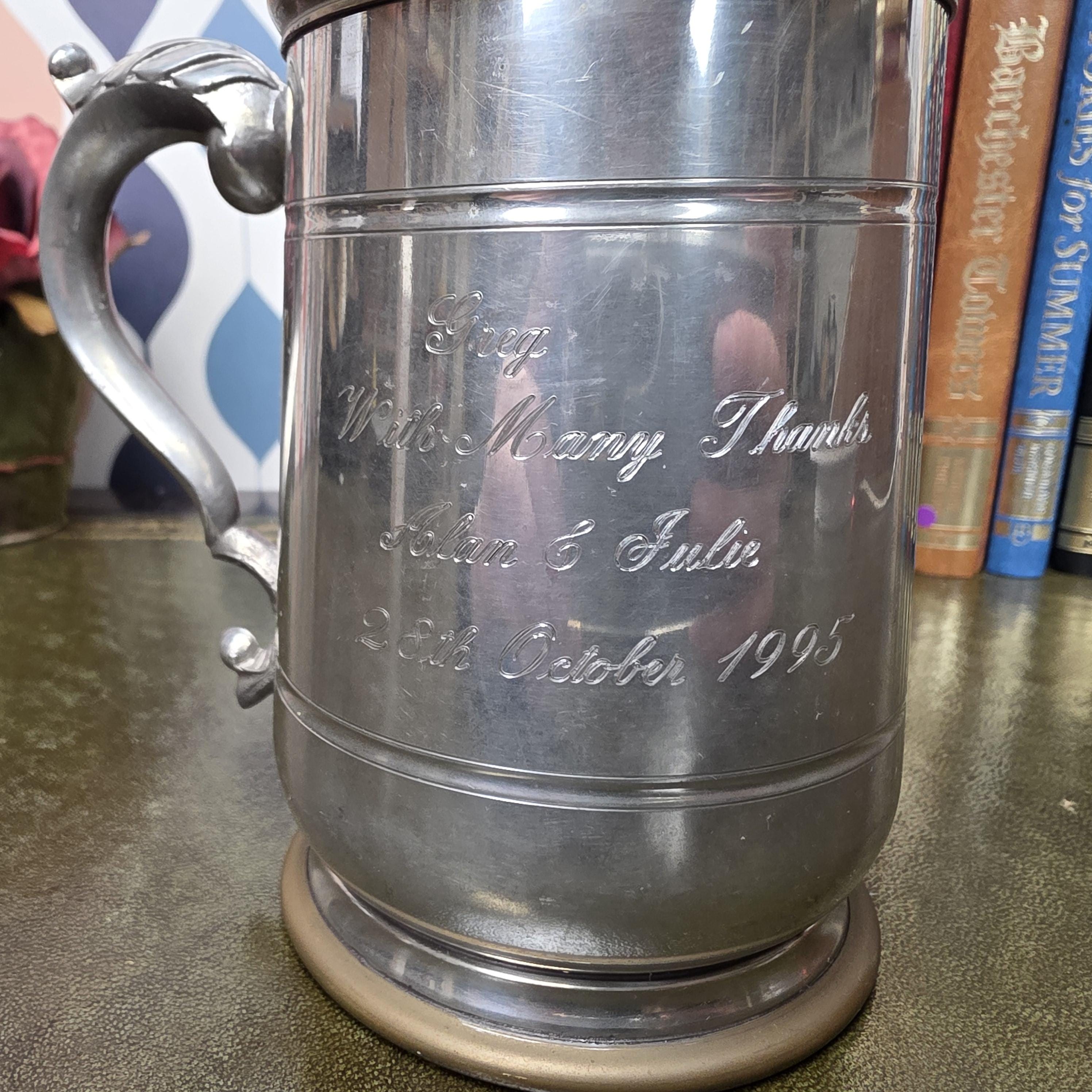 Vintage Engraved Pewter Tankard Mug Ornate Handle Greg Thank You Gift 1995 Barware Collectible