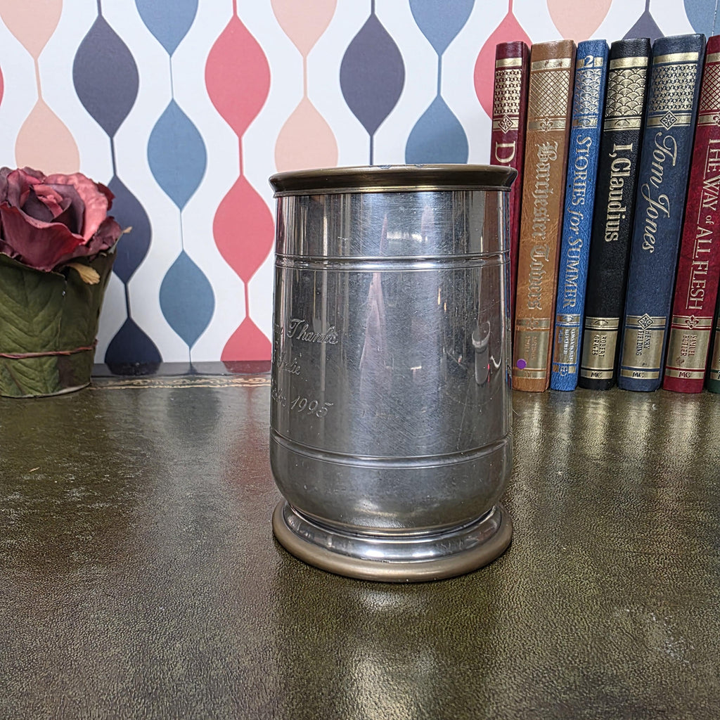 Vintage Engraved Pewter Tankard Mug Ornate Handle Greg Thank You Gift 1995 Barware Collectible