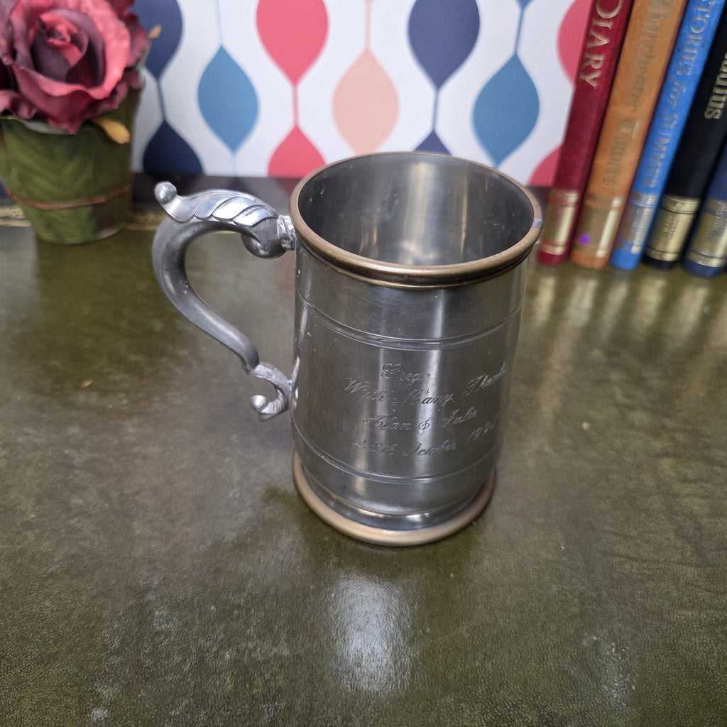 Vintage Engraved Pewter Tankard Mug Ornate Handle Greg Thank You Gift 1995 Barware Collectible