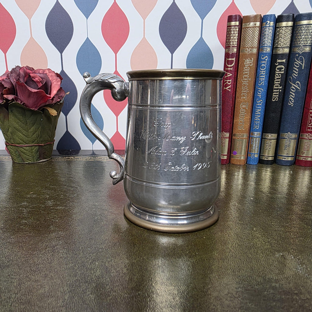 Vintage Engraved Pewter Tankard Mug Ornate Handle Greg Thank You Gift 1995 Barware Collectible