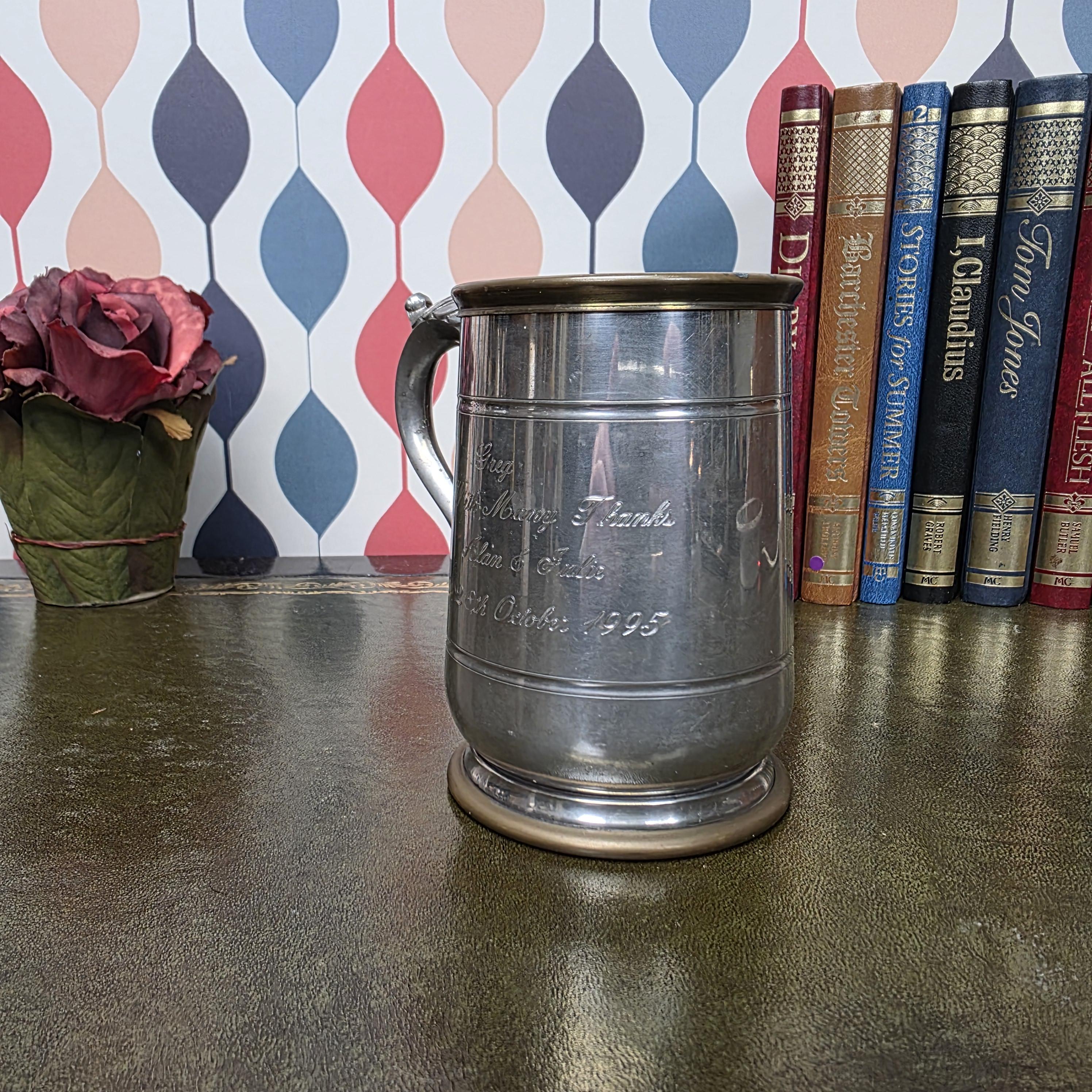 Vintage Engraved Pewter Tankard Mug Ornate Handle Greg Thank You Gift 1995 Barware Collectible