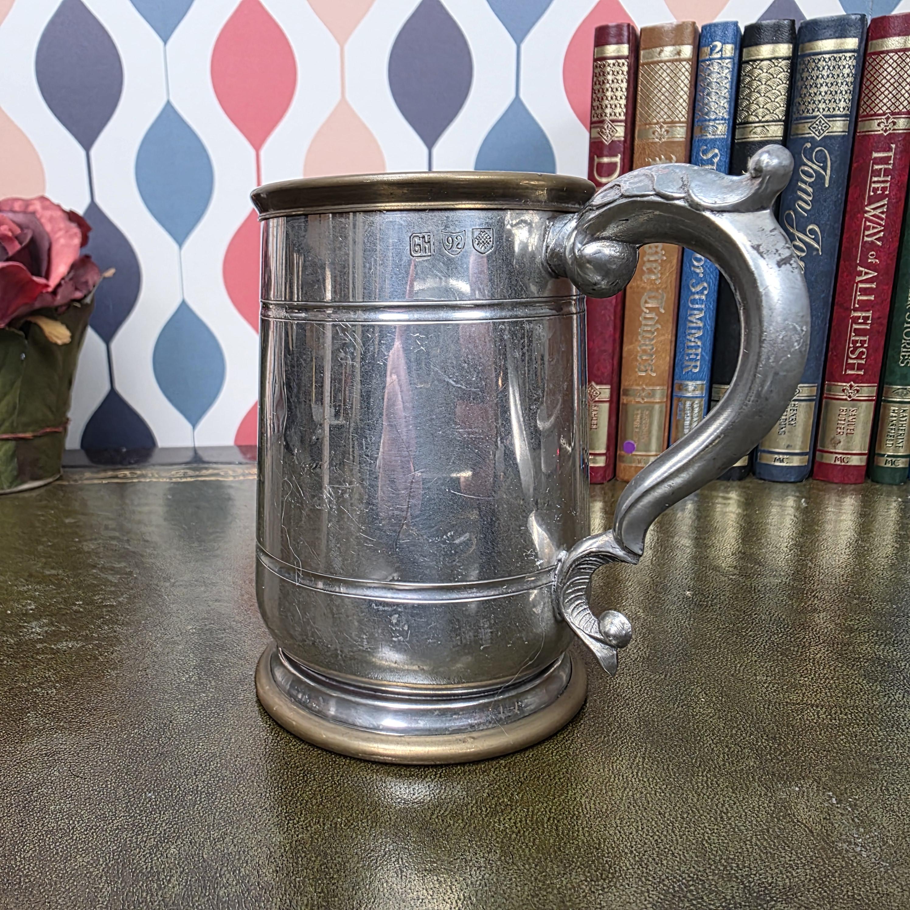 Vintage Engraved Pewter Tankard Mug Ornate Handle Greg Thank You Gift 1995 Barware Collectible