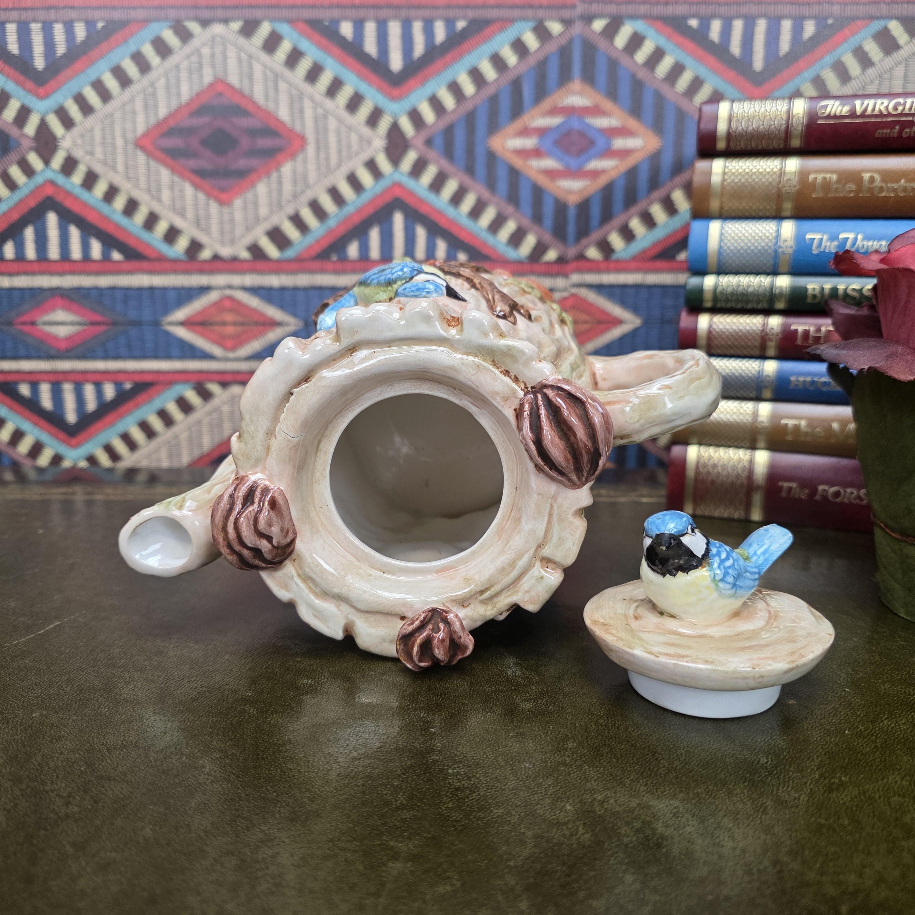 Vintage Leonardo Collection Bird Teapot Decorative Ceramic Woodland Cottagecore Bluebird Teapot Sculpture