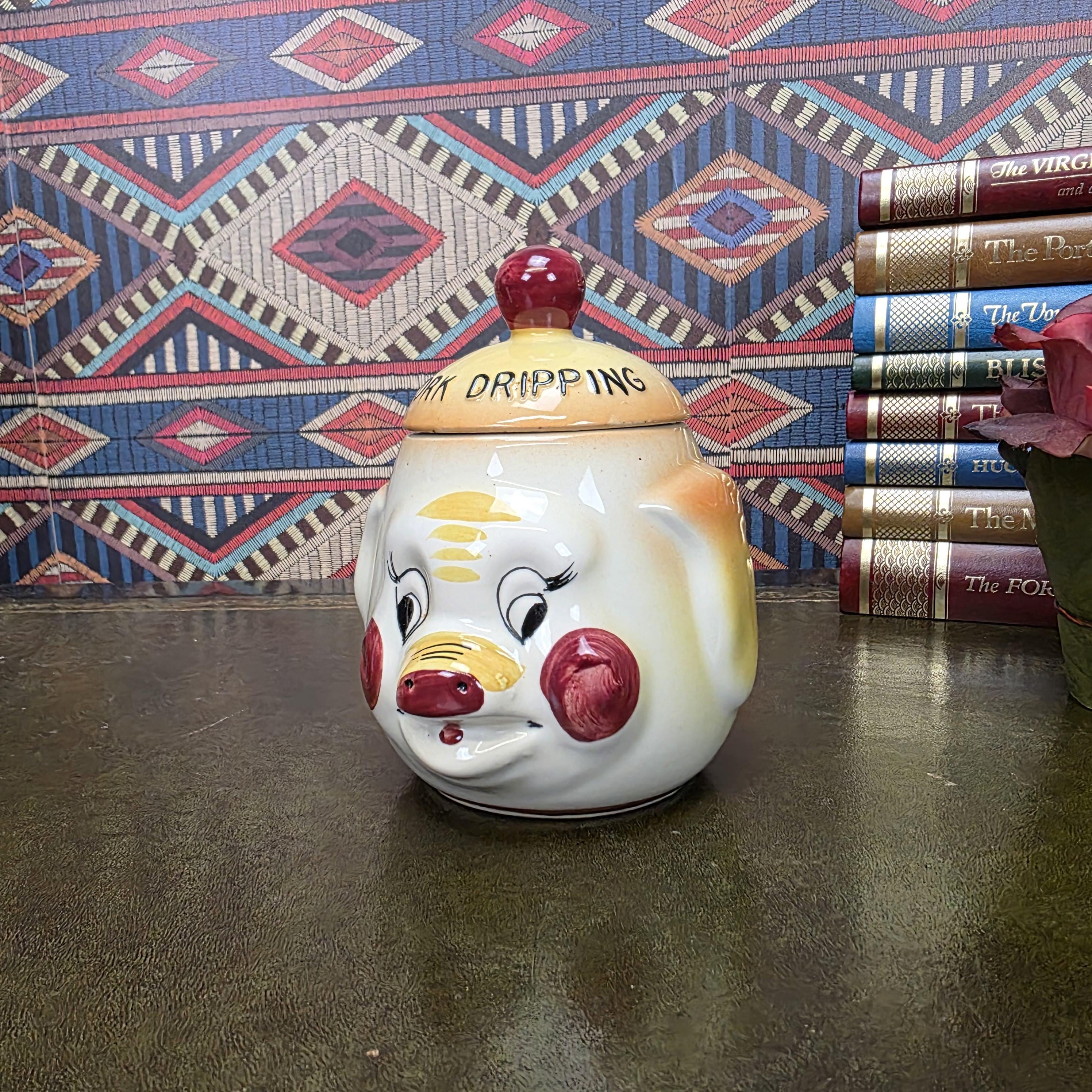 Vintage Pig Face Pork Dripping Jar Ceramic Storage Pot Kitchen Canister Novelty Farmhouse Decor