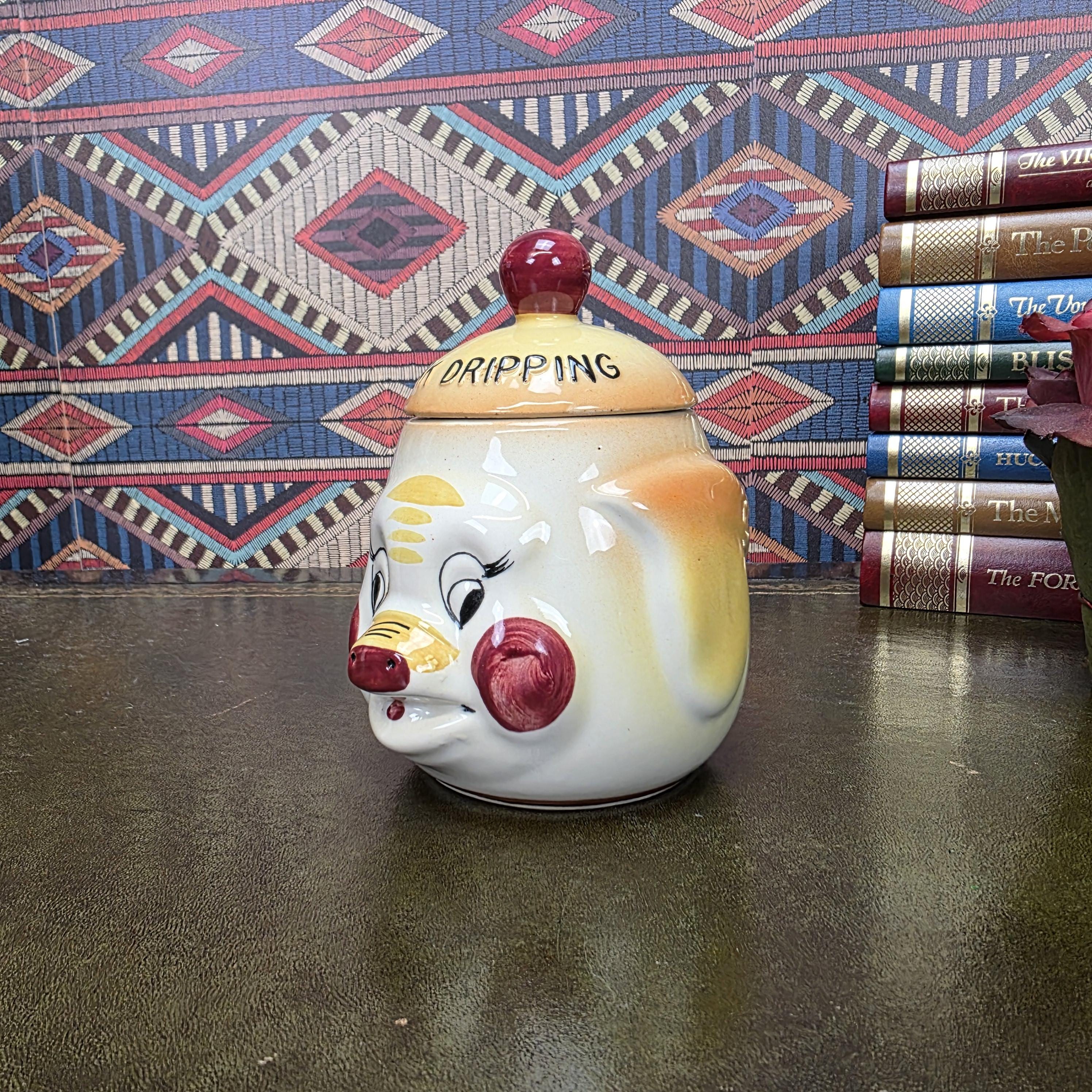 Vintage Pig Face Pork Dripping Jar Ceramic Storage Pot Kitchen Canister Novelty Farmhouse Decor