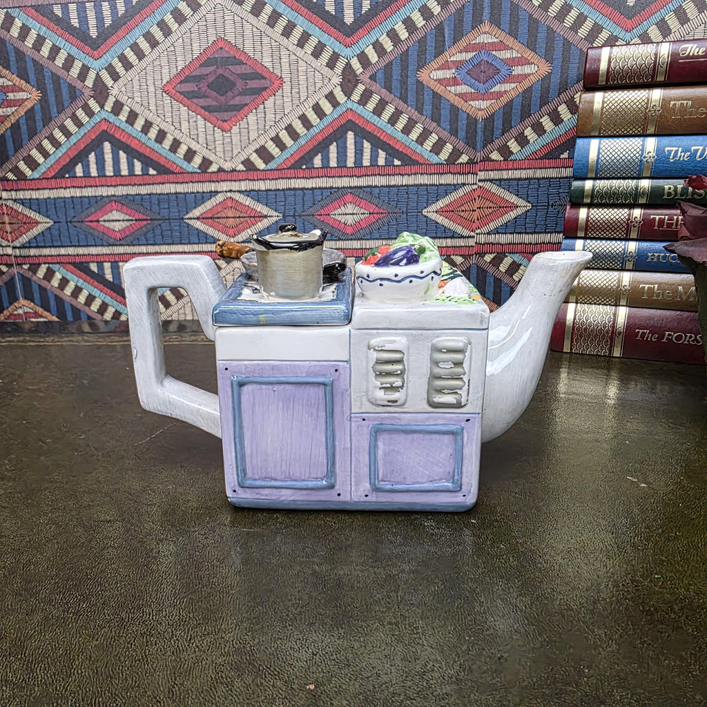 Vintage Novelty Stove Teapot Ceramic Kitchen Scene Teapot Miniature Cooking Range Kettle Decor