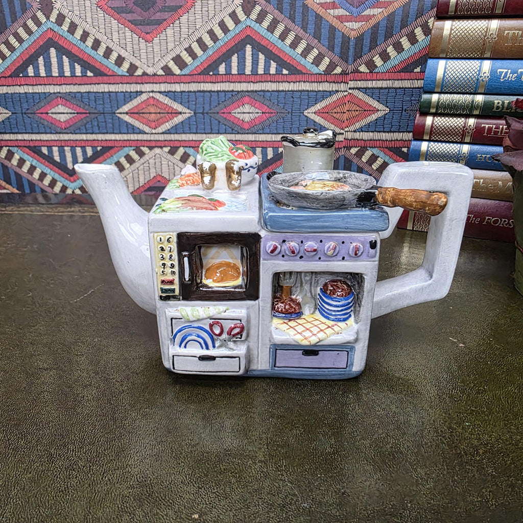 Vintage Novelty Stove Teapot Ceramic Kitchen Scene Teapot Miniature Cooking Range Kettle Decor