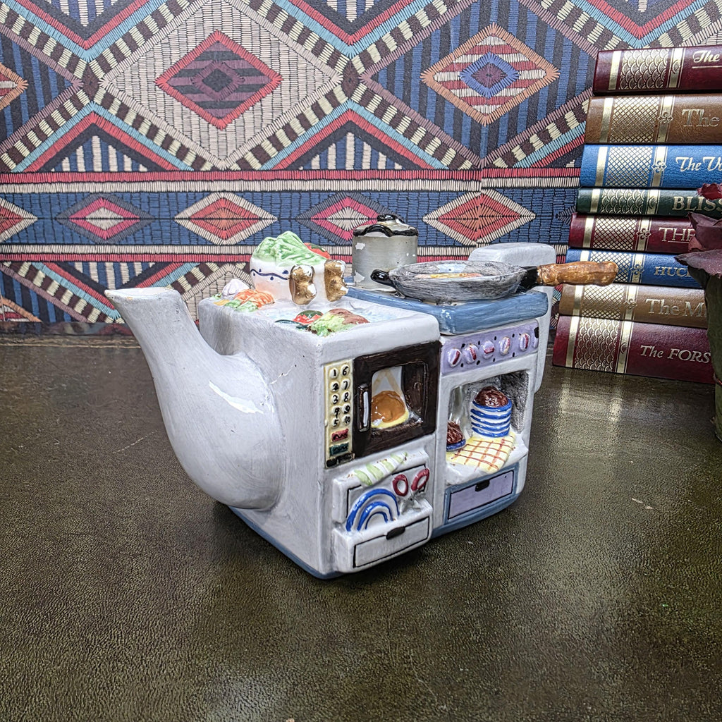 Vintage Novelty Stove Teapot Ceramic Kitchen Scene Teapot Miniature Cooking Range Kettle Decor
