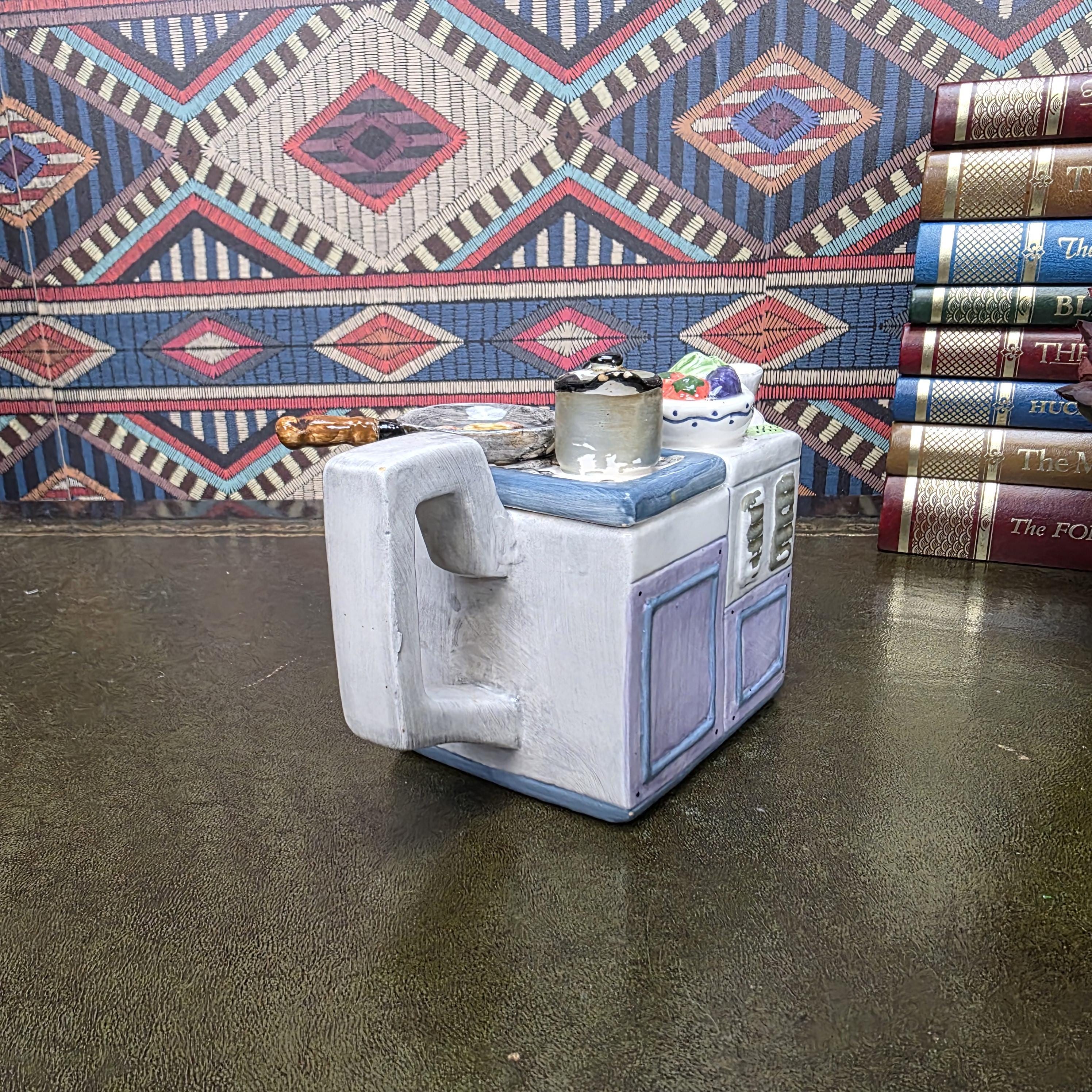 Vintage Novelty Stove Teapot Ceramic Kitchen Scene Teapot Miniature Cooking Range Kettle Decor
