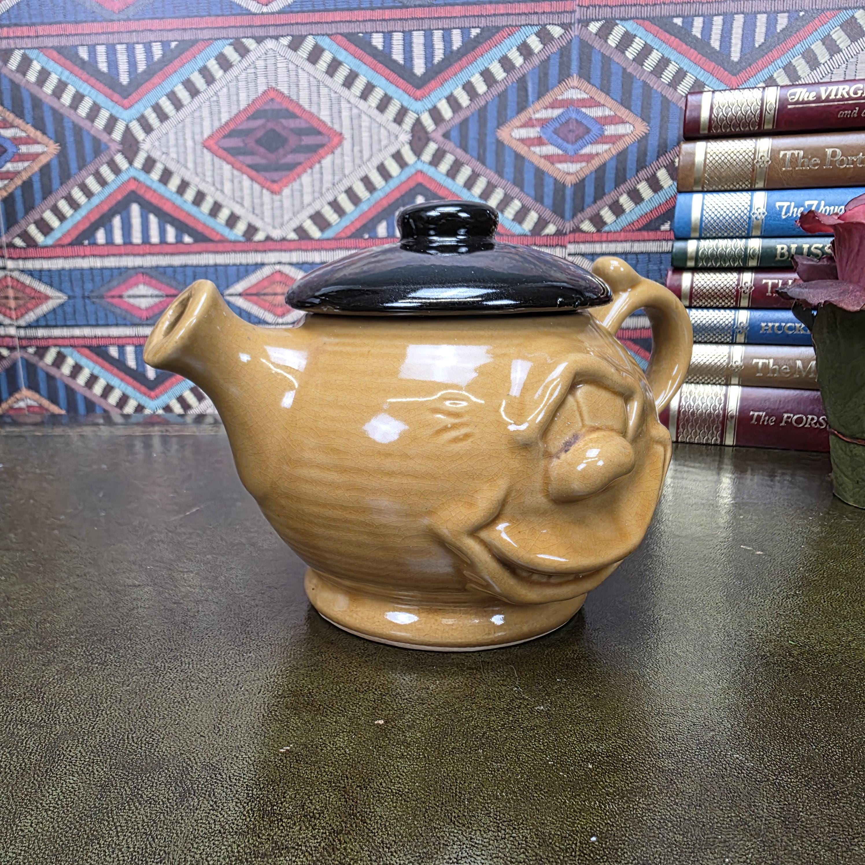 Vintage Character Face Teapot Ceramic Brown Novelty Kettle Whimsical Pottery Tea Pot Collectible