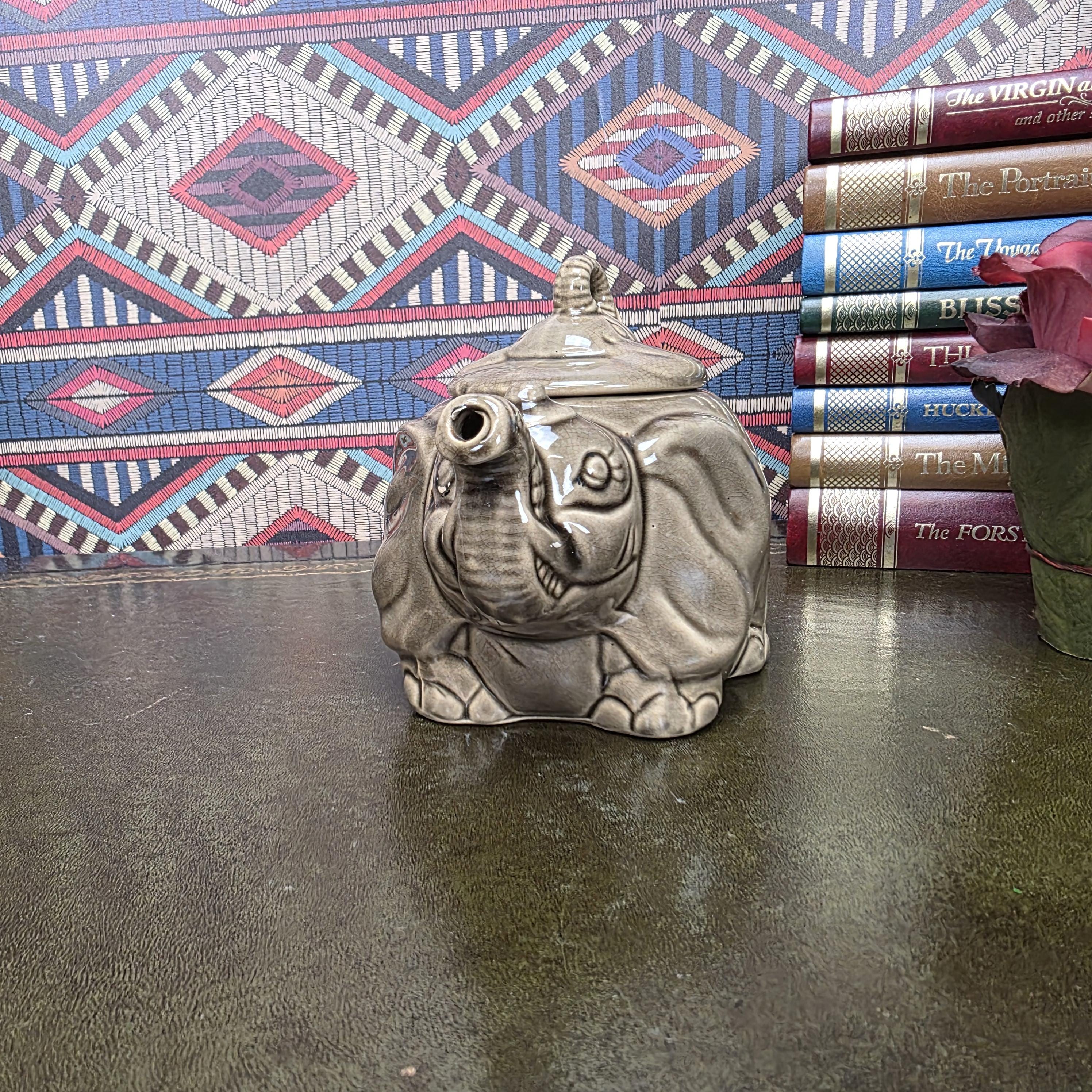 Vintage Ceramic Elephant Teapot Grey Animal Figurine Safari Decor Collectible Pottery Piece