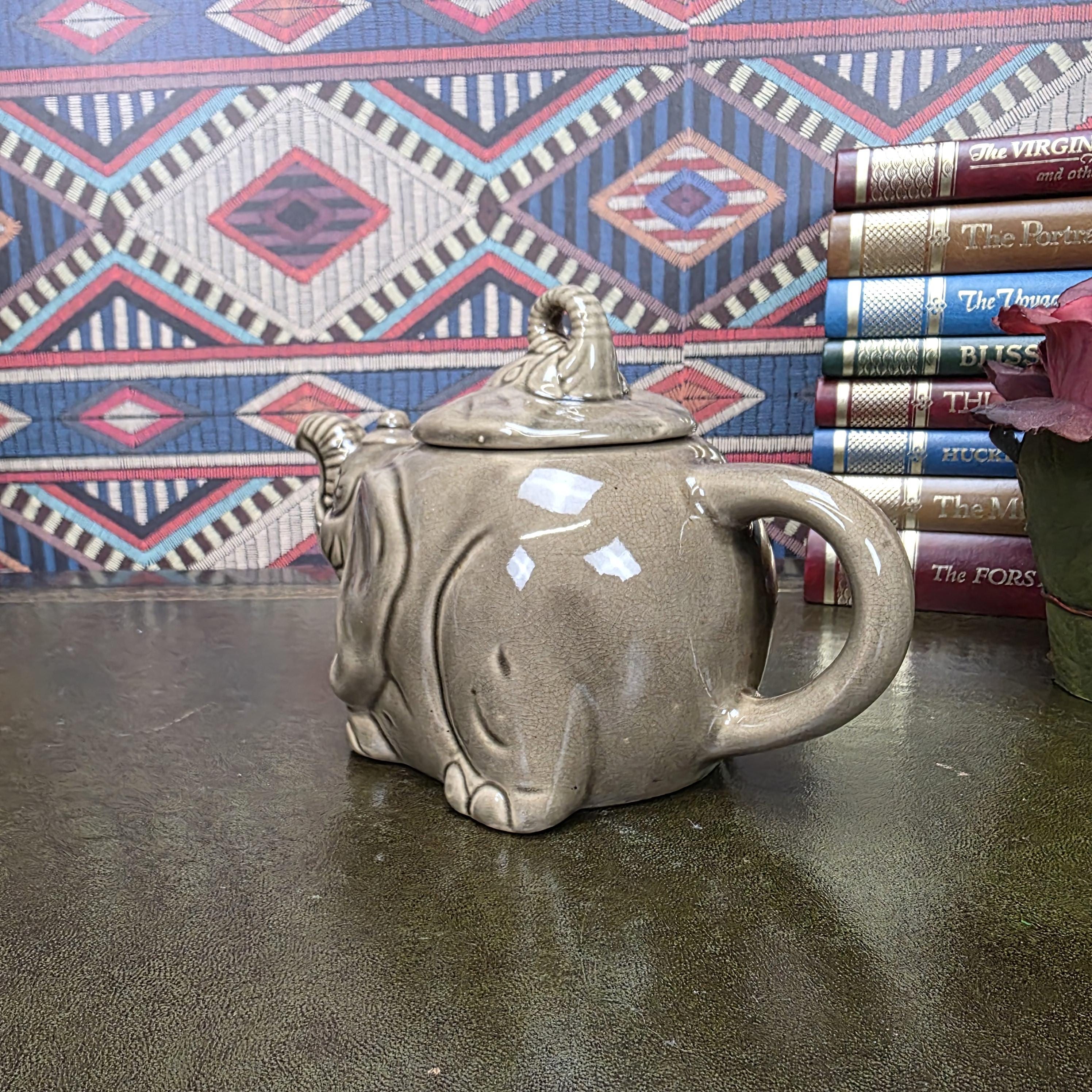 Vintage Ceramic Elephant Teapot Grey Animal Figurine Safari Decor Collectible Pottery Piece