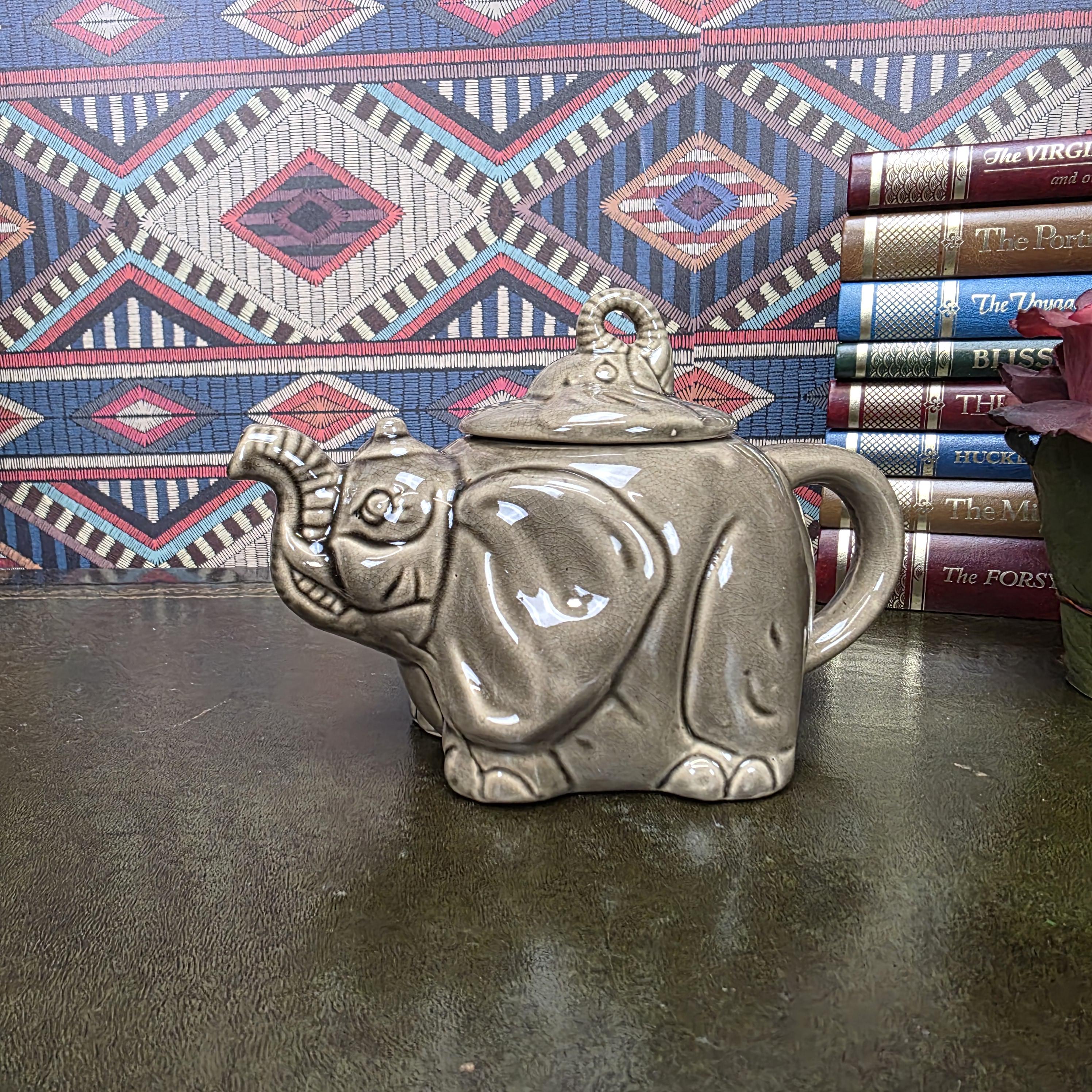 Vintage Ceramic Elephant Teapot Grey Animal Figurine Safari Decor Collectible Pottery Piece