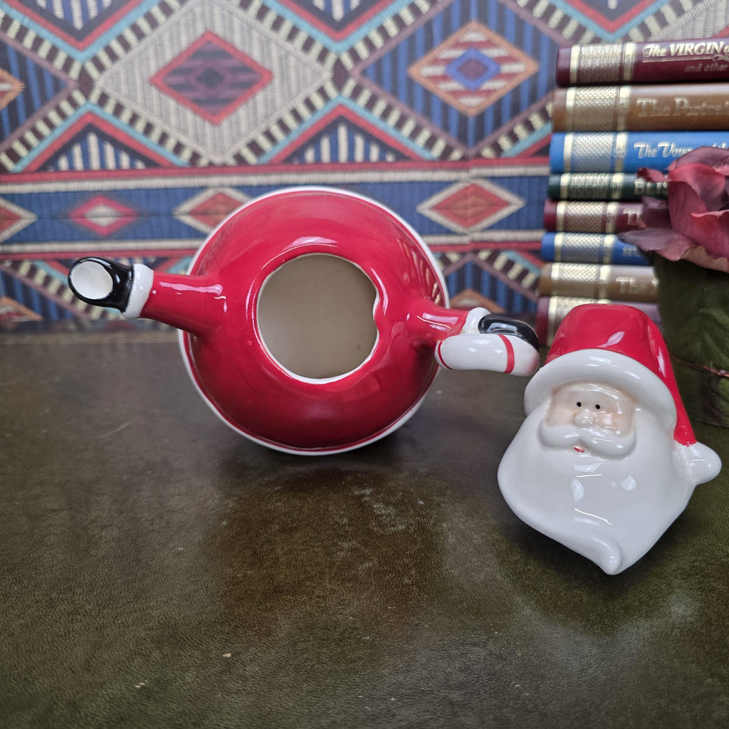 Vintage Santa Teapot Ceramic Christmas Teapot Candy Cane Handle Holiday Serving Pot Figurine Style