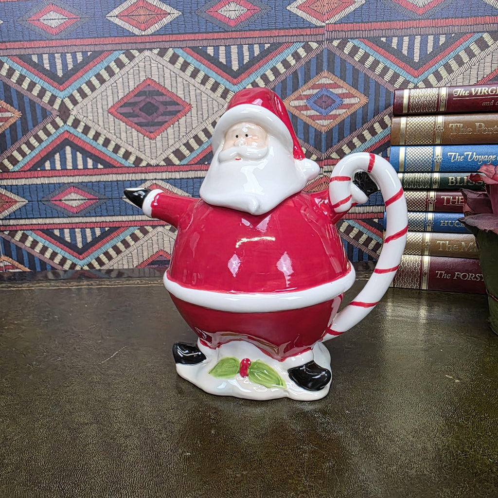 Vintage Santa Teapot Ceramic Christmas Teapot Candy Cane Handle Holiday Serving Pot Figurine Style