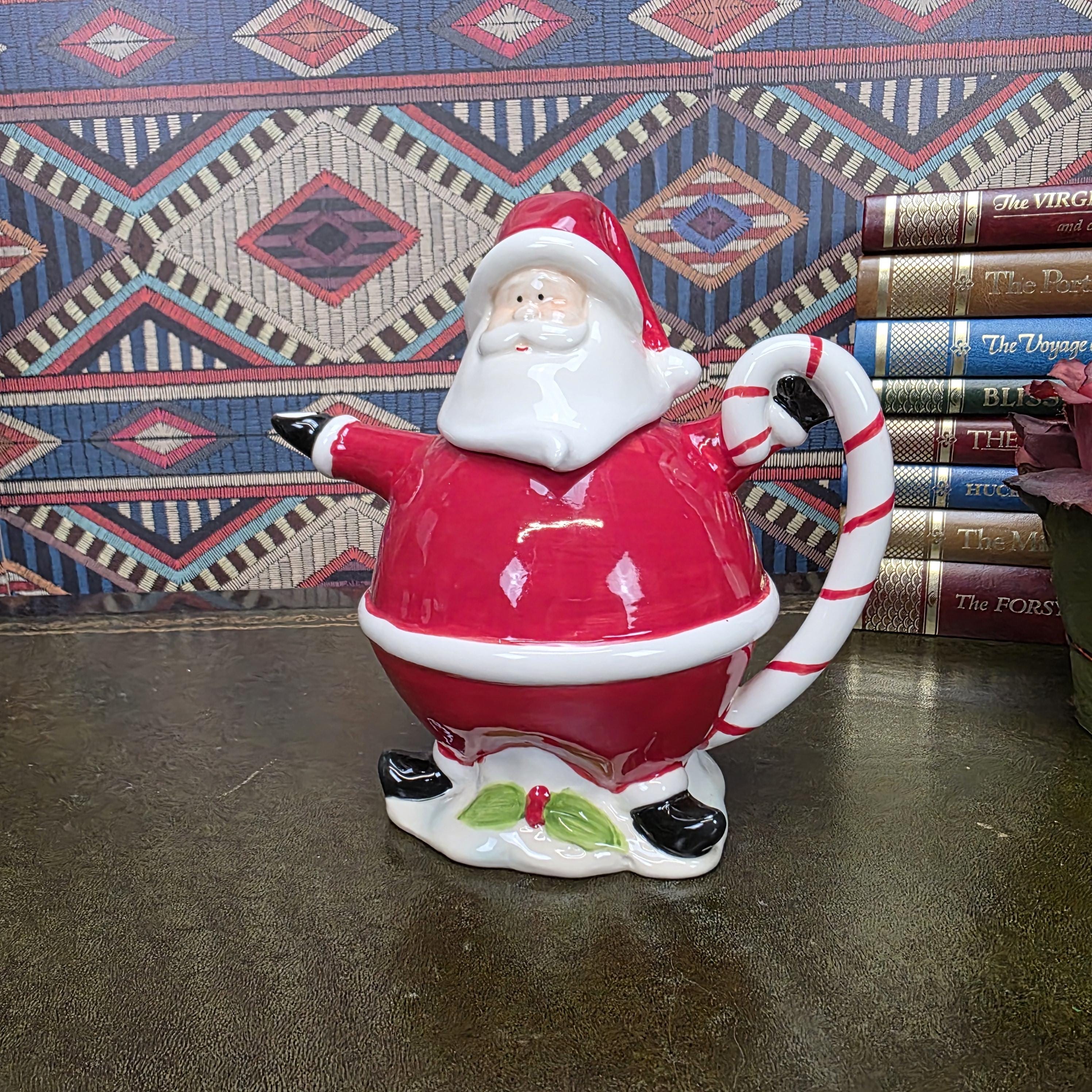 Vintage Santa Teapot Ceramic Christmas Teapot Candy Cane Handle Holiday Serving Pot Figurine Style