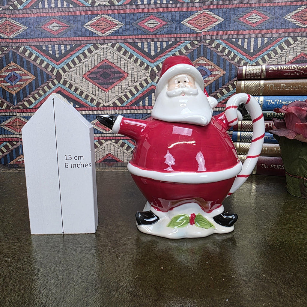 Vintage Santa Teapot Ceramic Christmas Teapot Candy Cane Handle Holiday Serving Pot Figurine Style