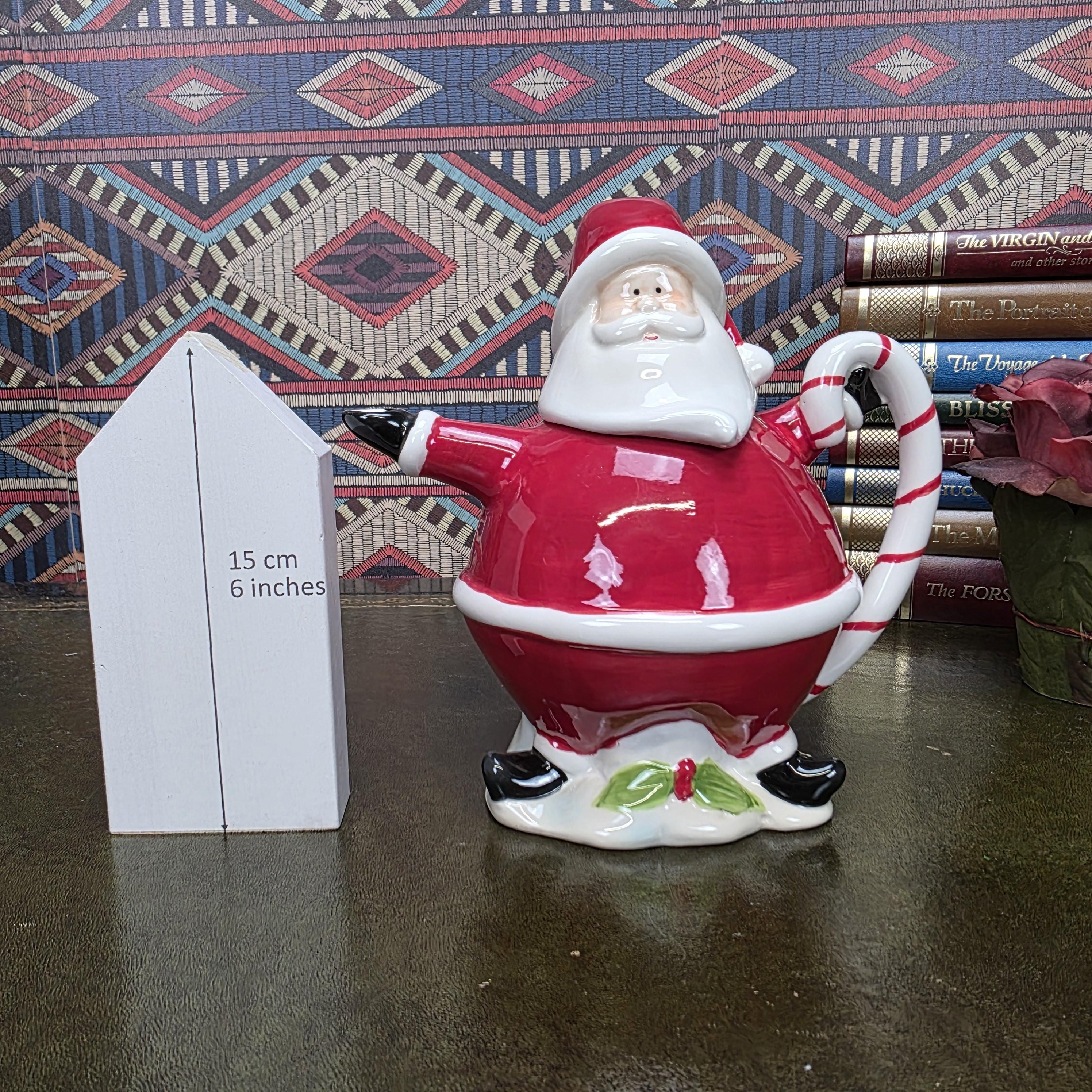 Vintage Santa Teapot Ceramic Christmas Teapot Candy Cane Handle Holiday Serving Pot Figurine Style