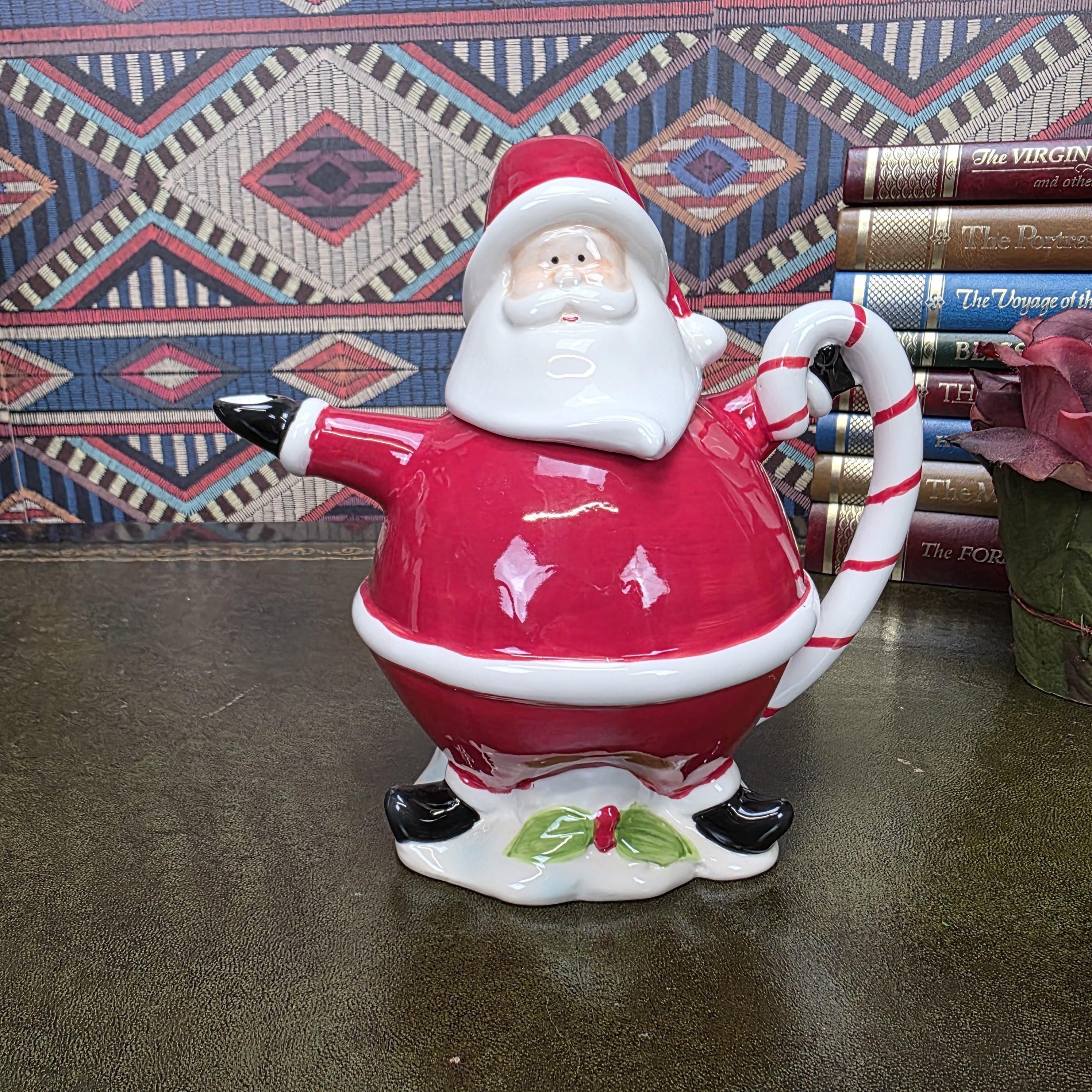 Vintage Santa Teapot Ceramic Christmas Teapot Candy Cane Handle Holiday Serving Pot Figurine Style