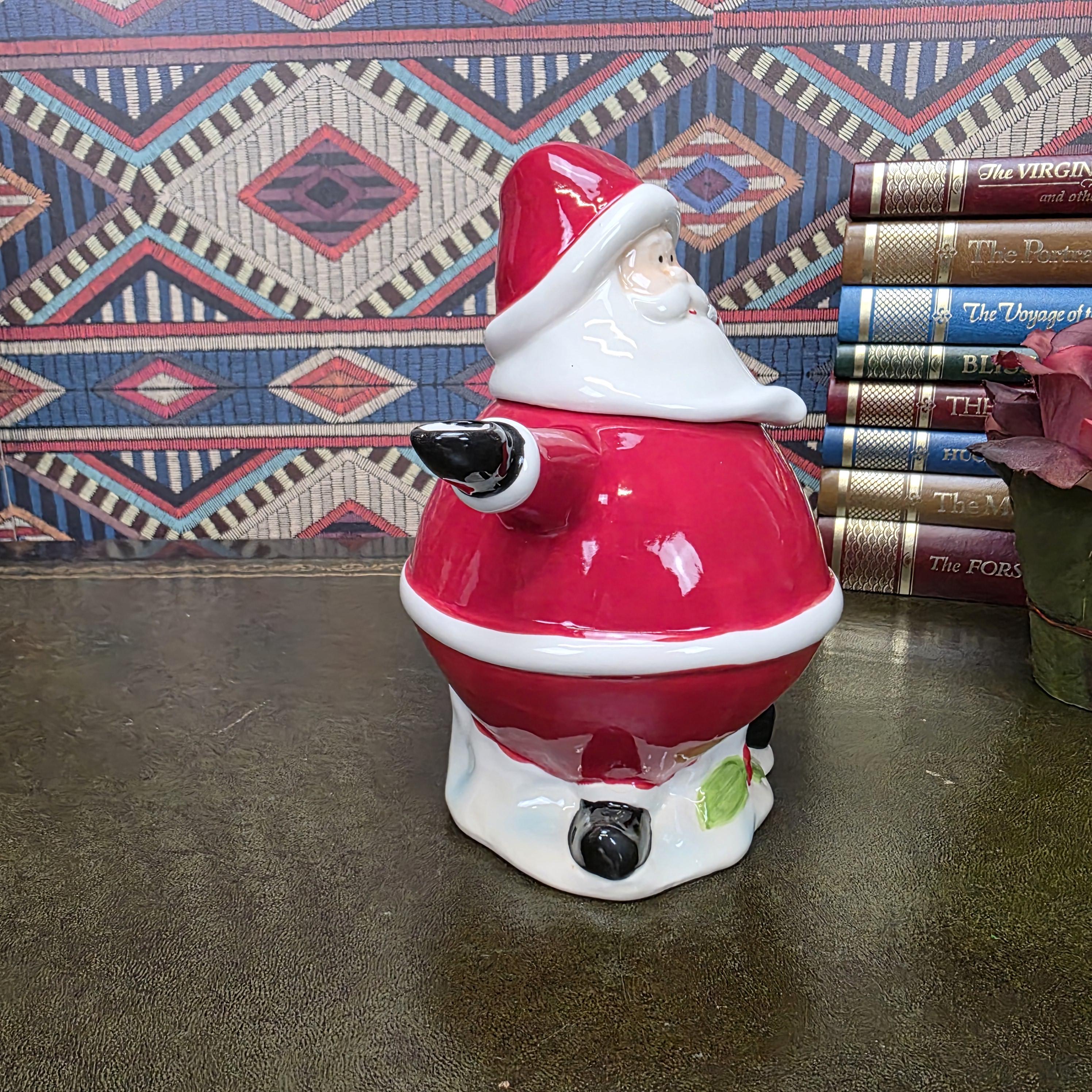 Vintage Santa Teapot Ceramic Christmas Teapot Candy Cane Handle Holiday Serving Pot Figurine Style