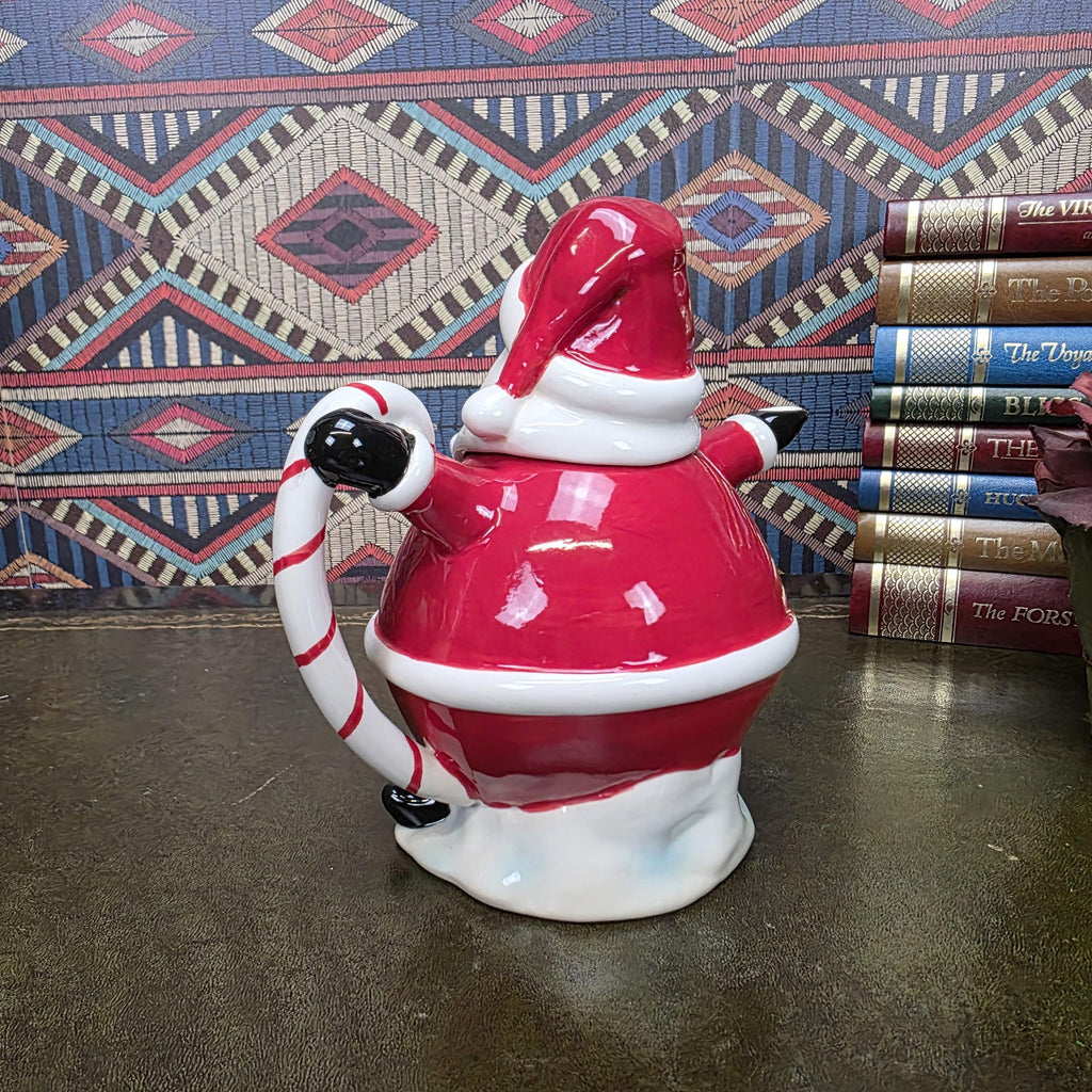 Vintage Santa Teapot Ceramic Christmas Teapot Candy Cane Handle Holiday Serving Pot Figurine Style