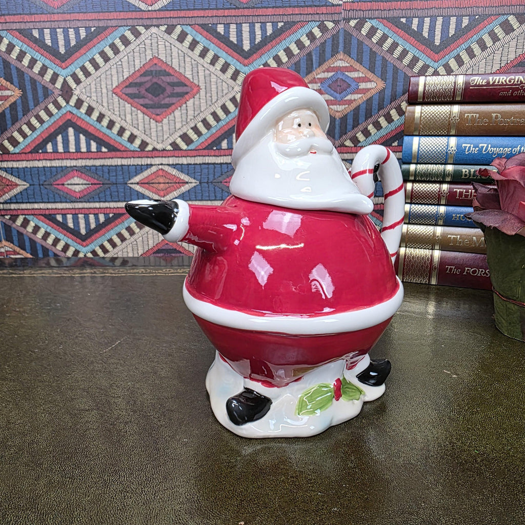 Vintage Santa Teapot Ceramic Christmas Teapot Candy Cane Handle Holiday Serving Pot Figurine Style