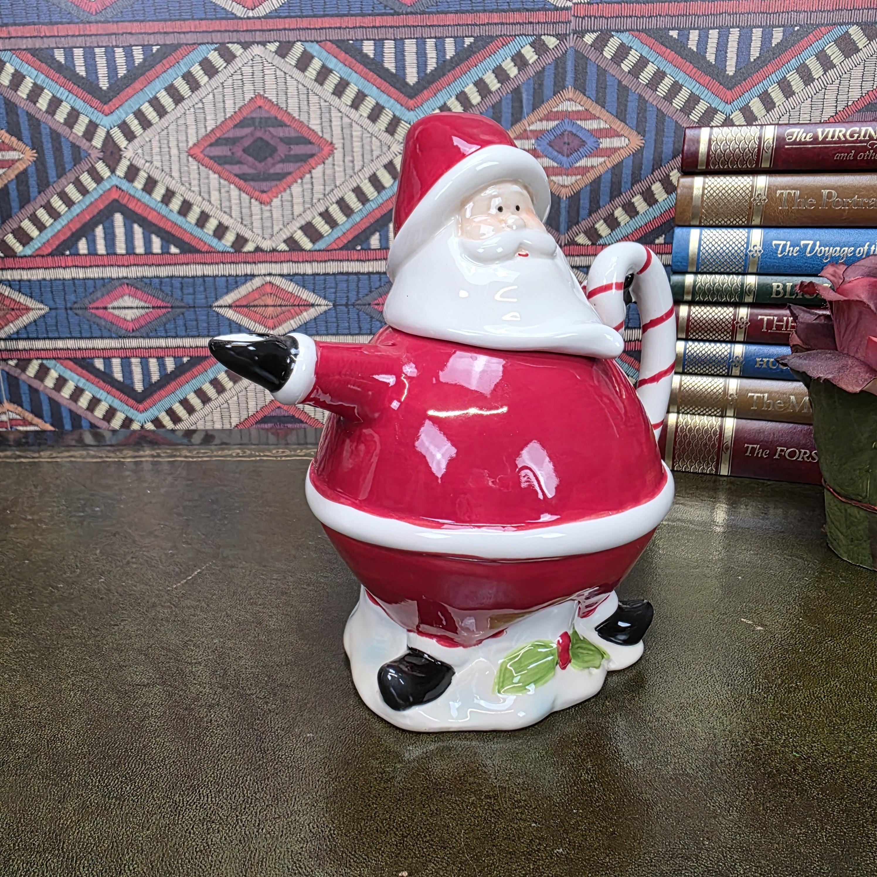 Vintage Santa Teapot Ceramic Christmas Teapot Candy Cane Handle Holiday Serving Pot Figurine Style