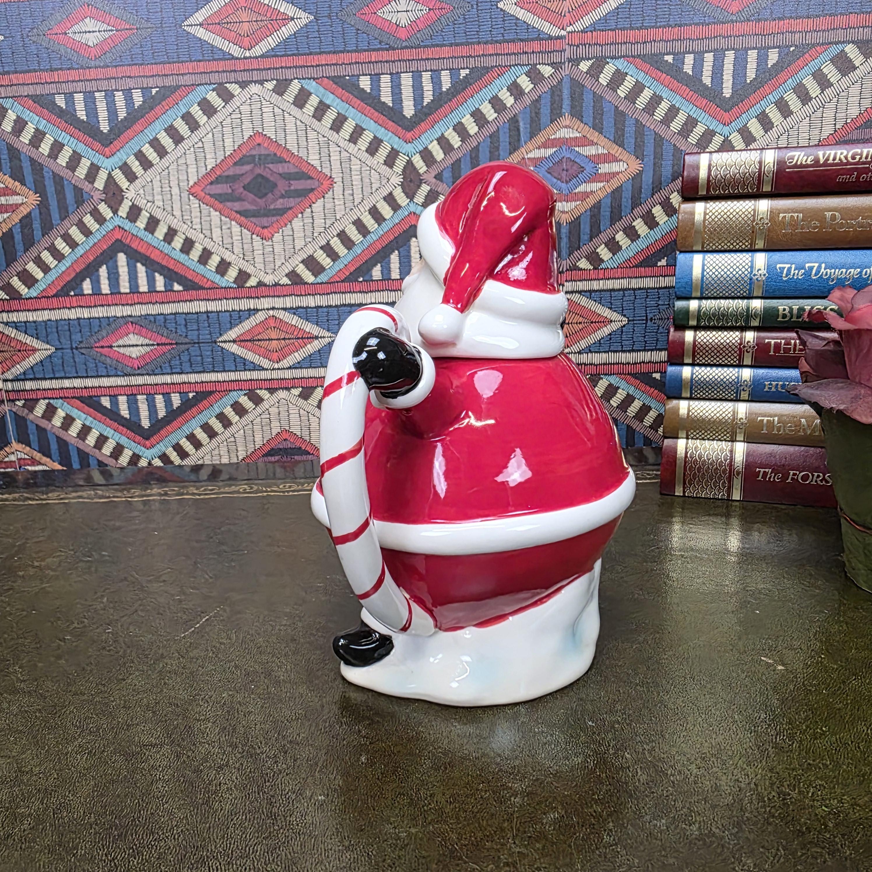 Vintage Santa Teapot Ceramic Christmas Teapot Candy Cane Handle Holiday Serving Pot Figurine Style