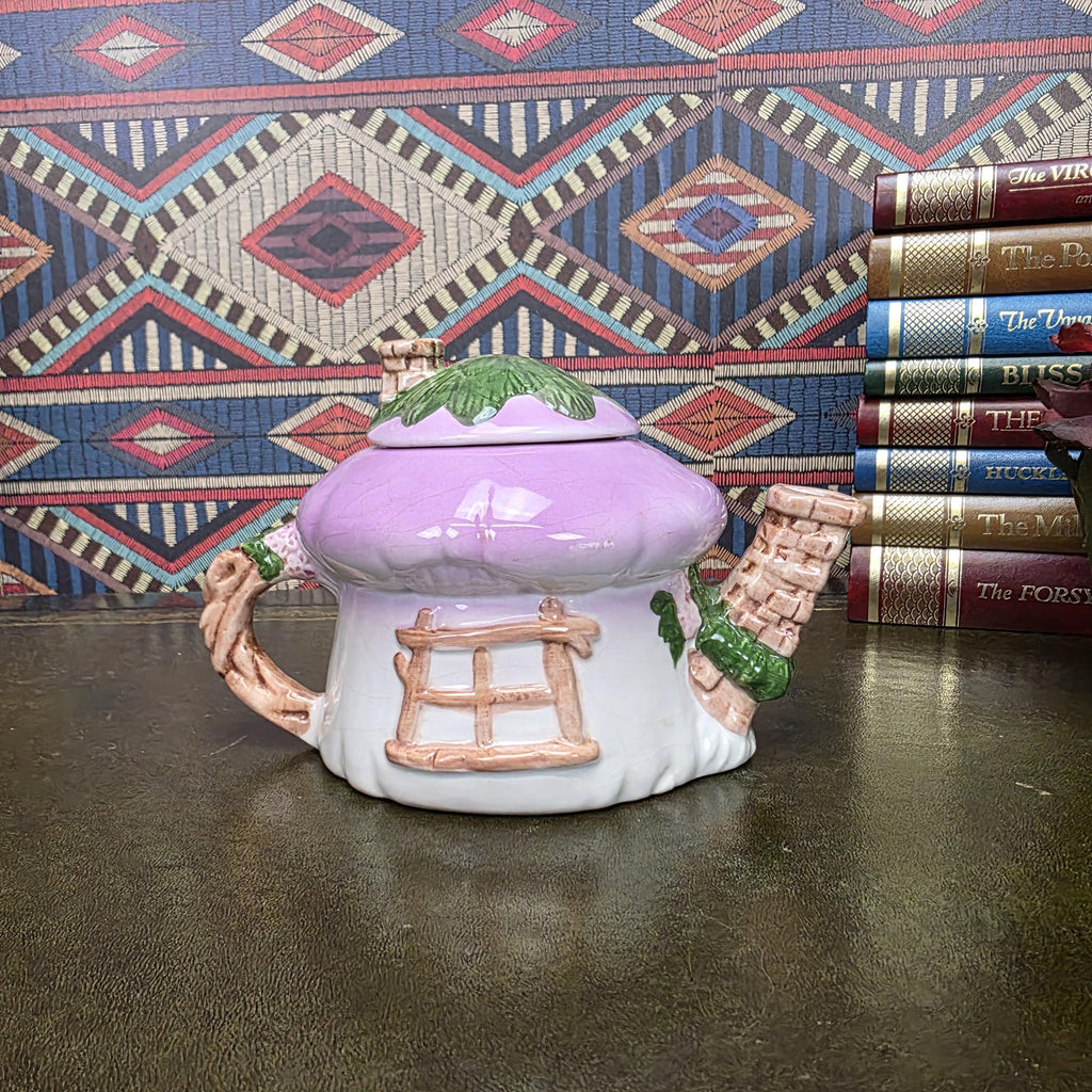 Vintage Cottage Teapot Mushroom House Ceramic Fairy Cottagecore Kitchen Decor Figural Collectible
