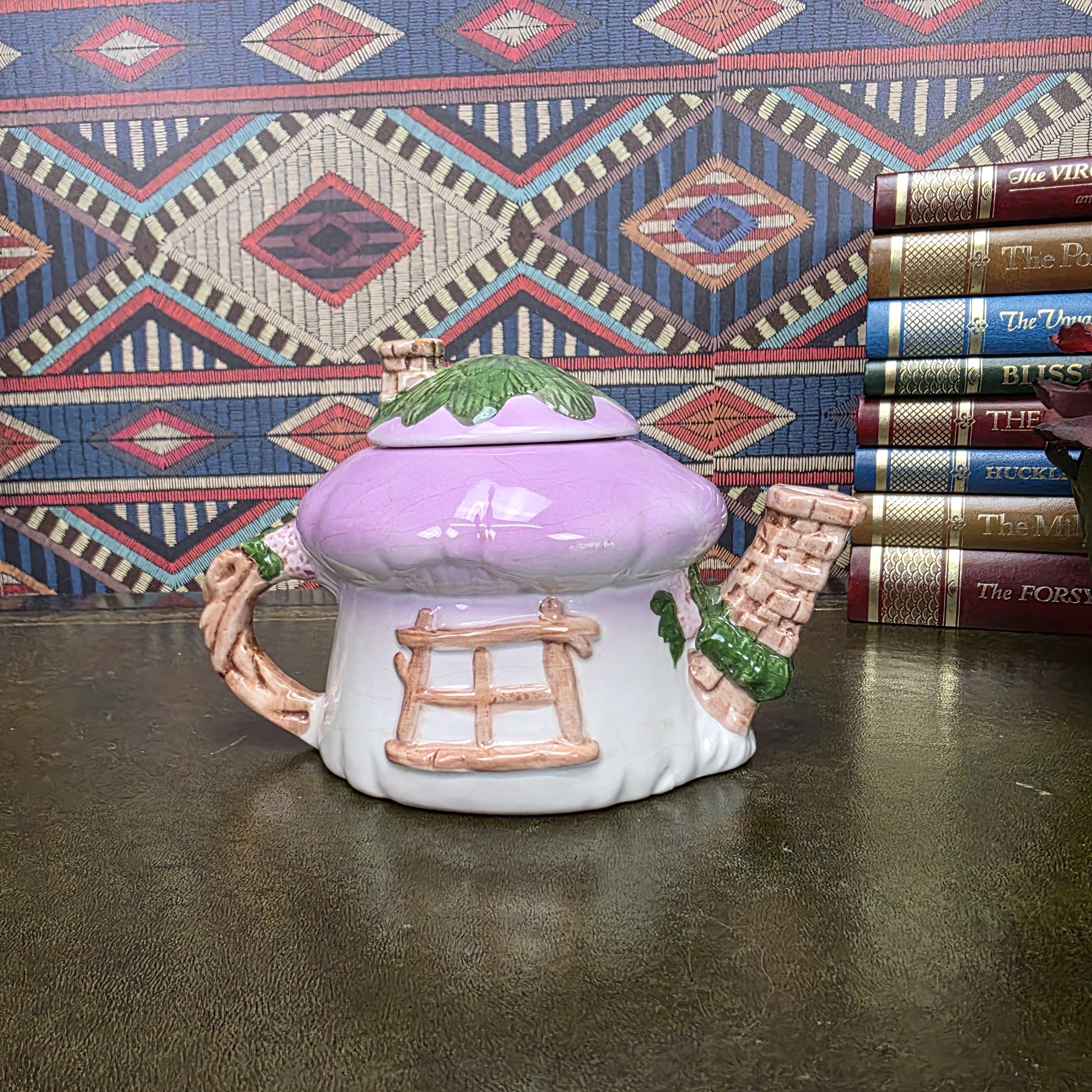 Vintage Cottage Teapot Mushroom House Ceramic Fairy Cottagecore Kitchen Decor Figural Collectible