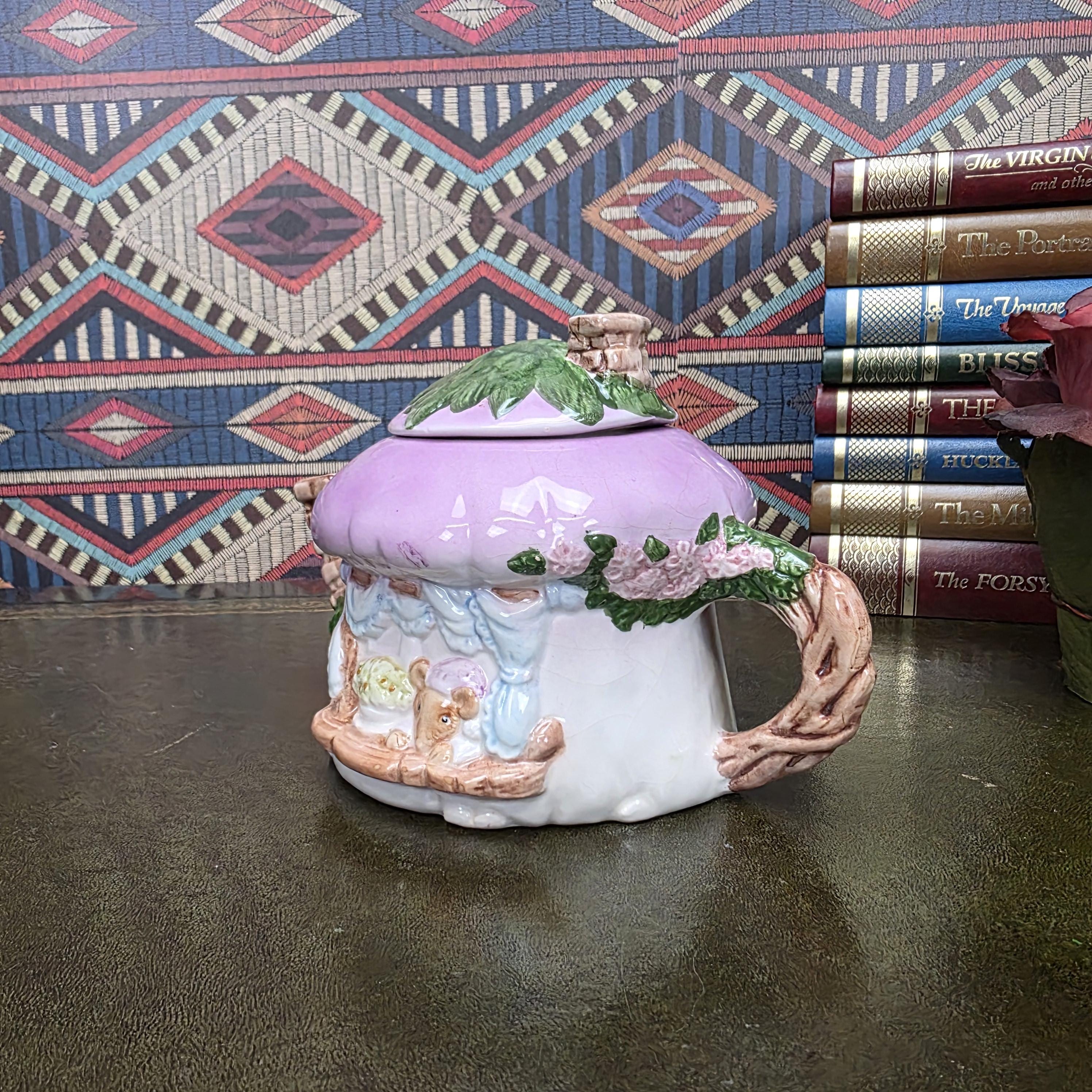 Vintage Cottage Teapot Mushroom House Ceramic Fairy Cottagecore Kitchen Decor Figural Collectible