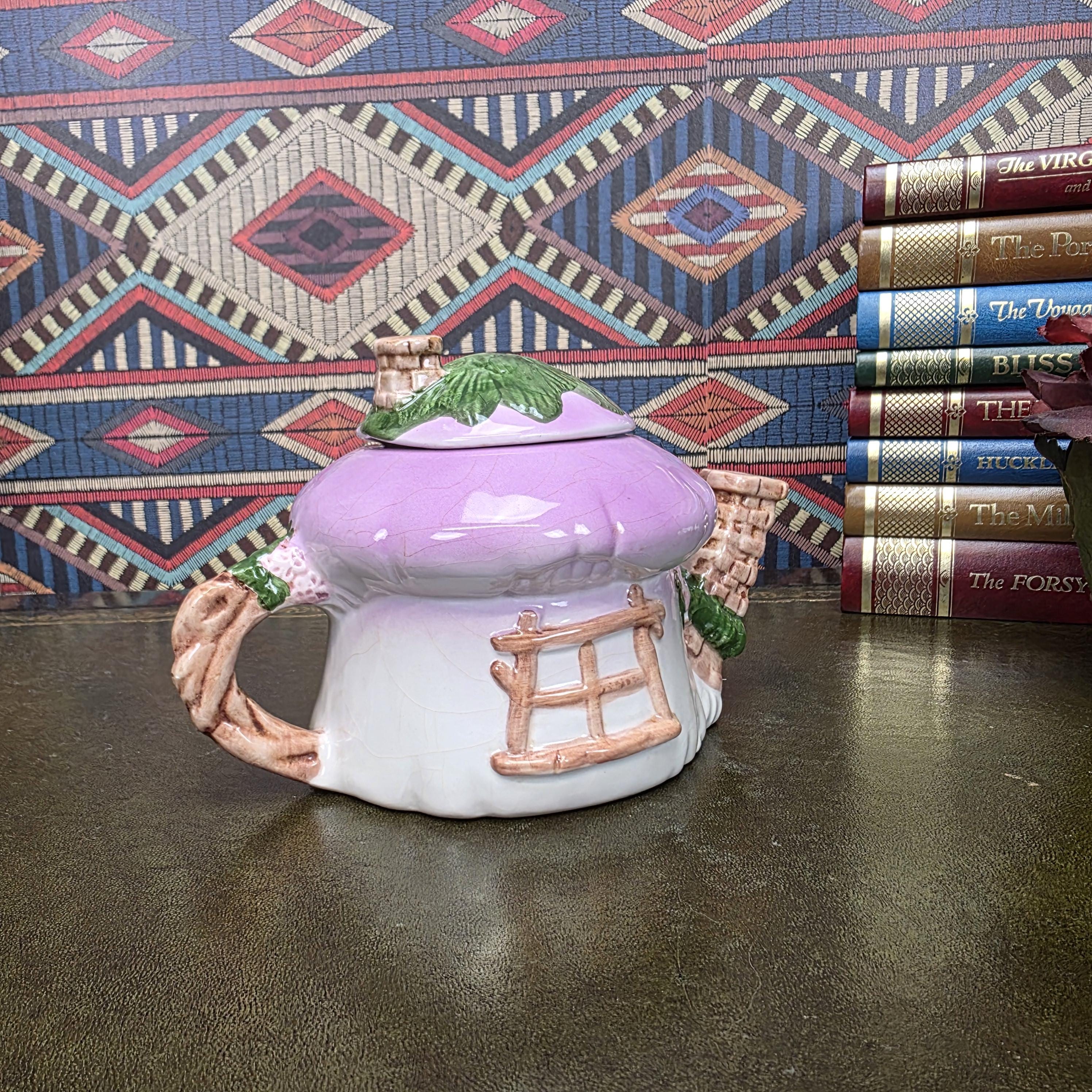 Vintage Cottage Teapot Mushroom House Ceramic Fairy Cottagecore Kitchen Decor Figural Collectible