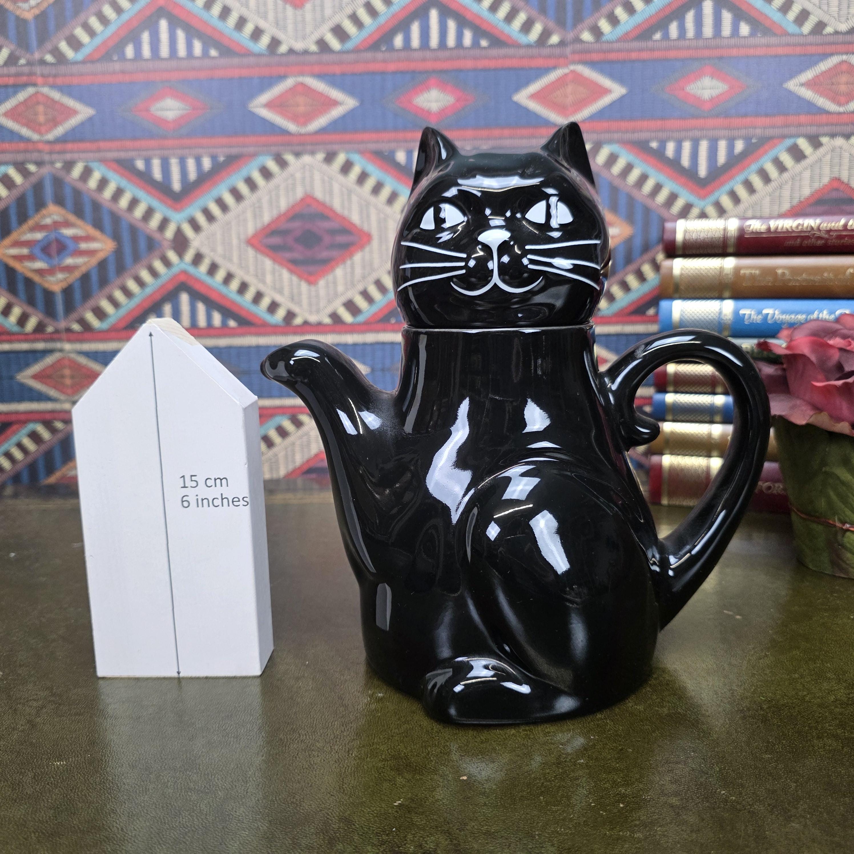Vintage Black Cat Teapot Ceramic Figural Cat Coffee Pot Halloween Gothic Kitchen Decor Collectible