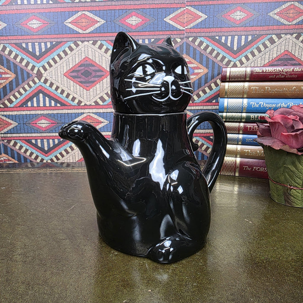 Vintage Black Cat Teapot Ceramic Figural Cat Coffee Pot Halloween Gothic Kitchen Decor Collectible