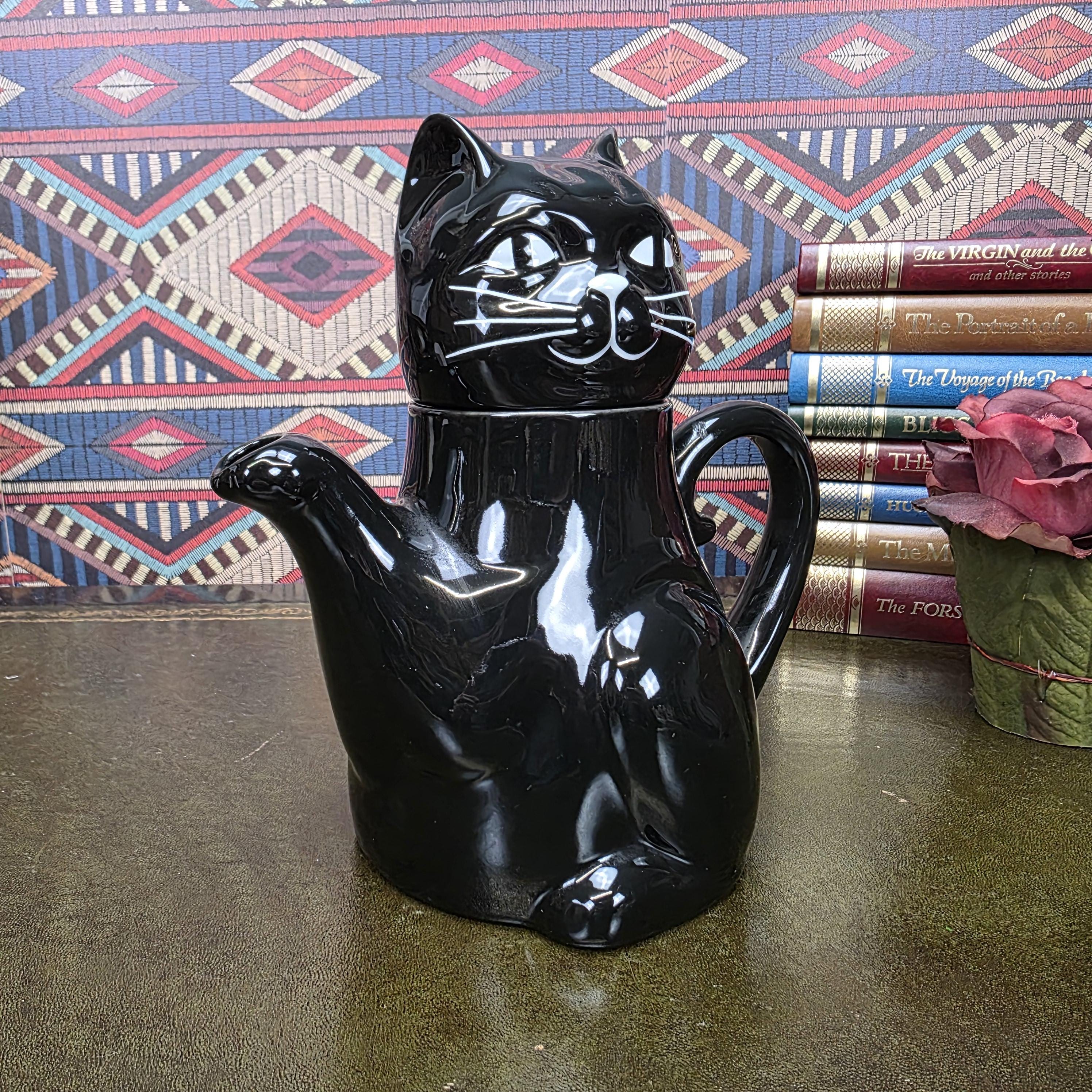 Vintage Black Cat Teapot Ceramic Figural Cat Coffee Pot Halloween Gothic Kitchen Decor Collectible