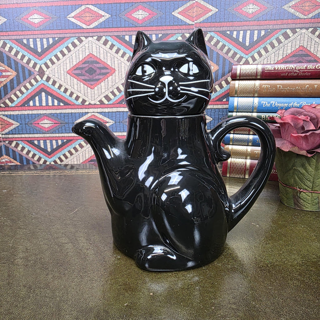 Vintage Black Cat Teapot Ceramic Figural Cat Coffee Pot Halloween Gothic Kitchen Decor Collectible