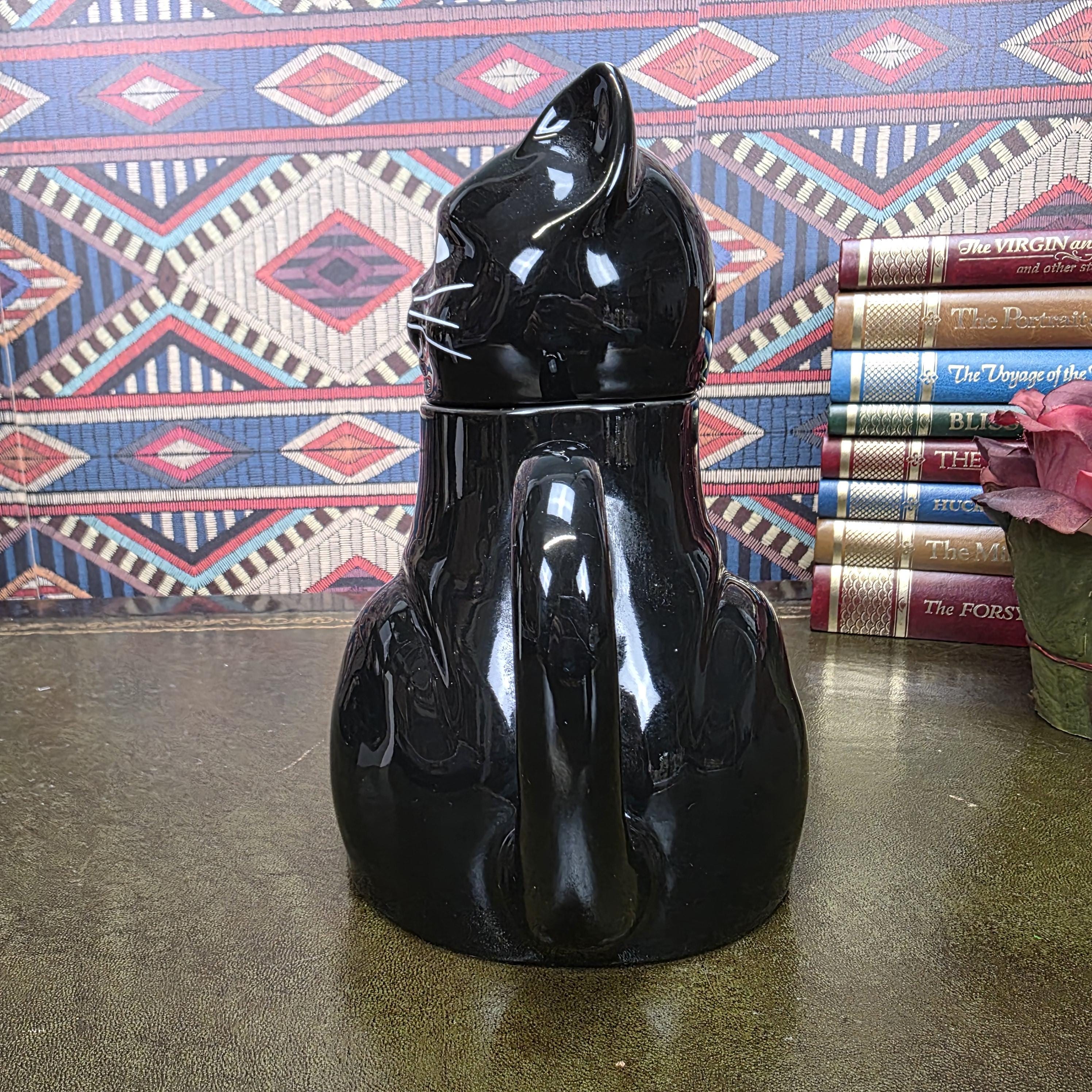 Vintage Black Cat Teapot Ceramic Figural Cat Coffee Pot Halloween Gothic Kitchen Decor Collectible