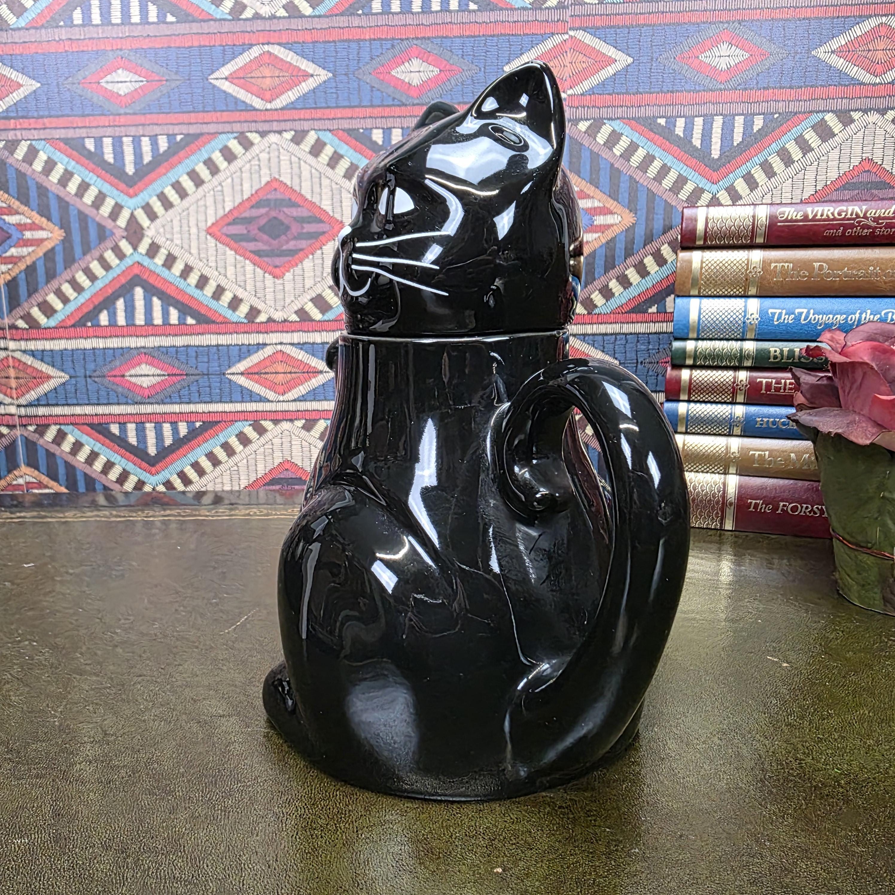 Vintage Black Cat Teapot Ceramic Figural Cat Coffee Pot Halloween Gothic Kitchen Decor Collectible