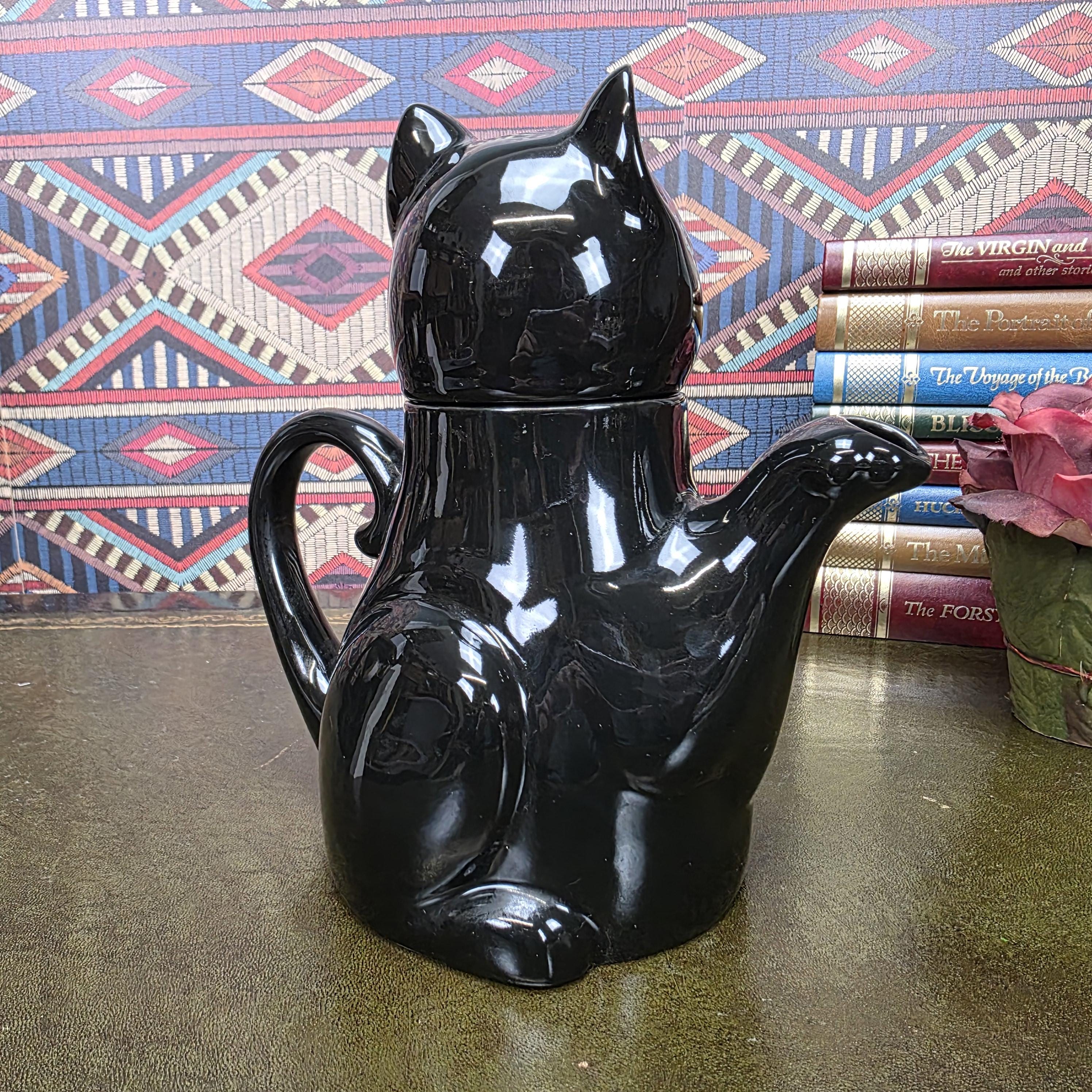 Vintage Black Cat Teapot Ceramic Figural Cat Coffee Pot Halloween Gothic Kitchen Decor Collectible