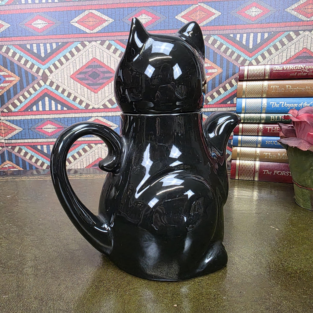 Vintage Black Cat Teapot Ceramic Figural Cat Coffee Pot Halloween Gothic Kitchen Decor Collectible