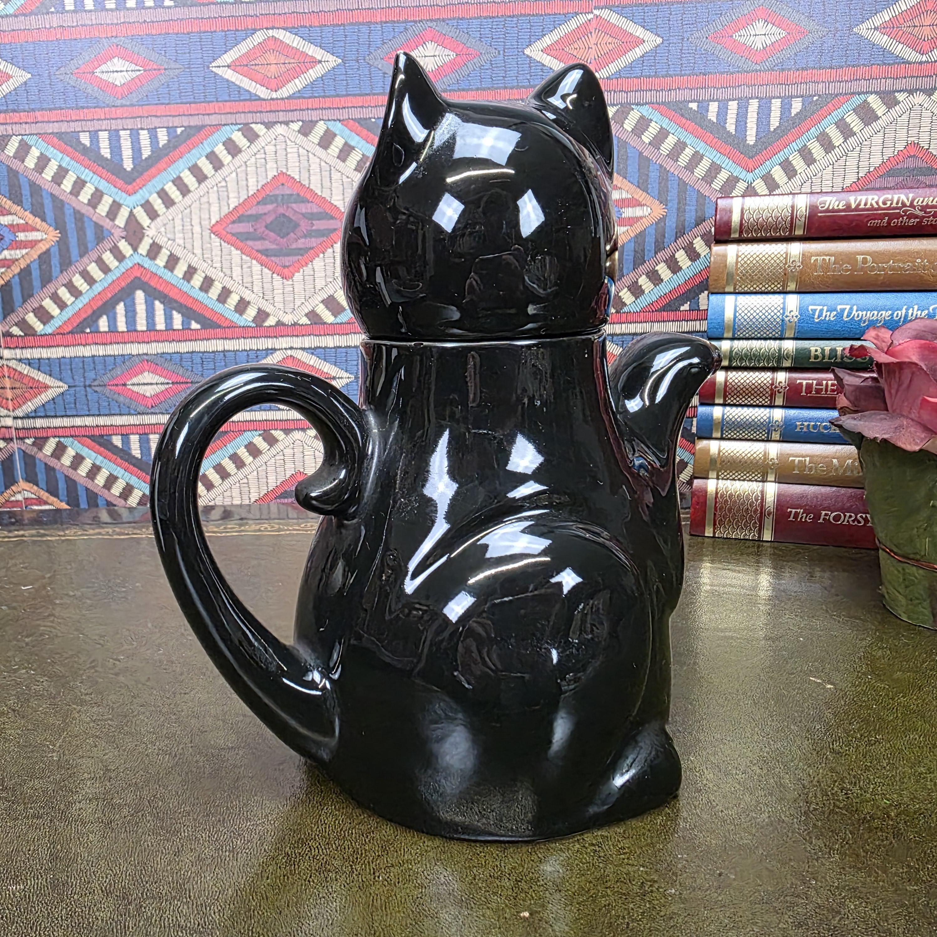 Vintage Black Cat Teapot Ceramic Figural Cat Coffee Pot Halloween Gothic Kitchen Decor Collectible