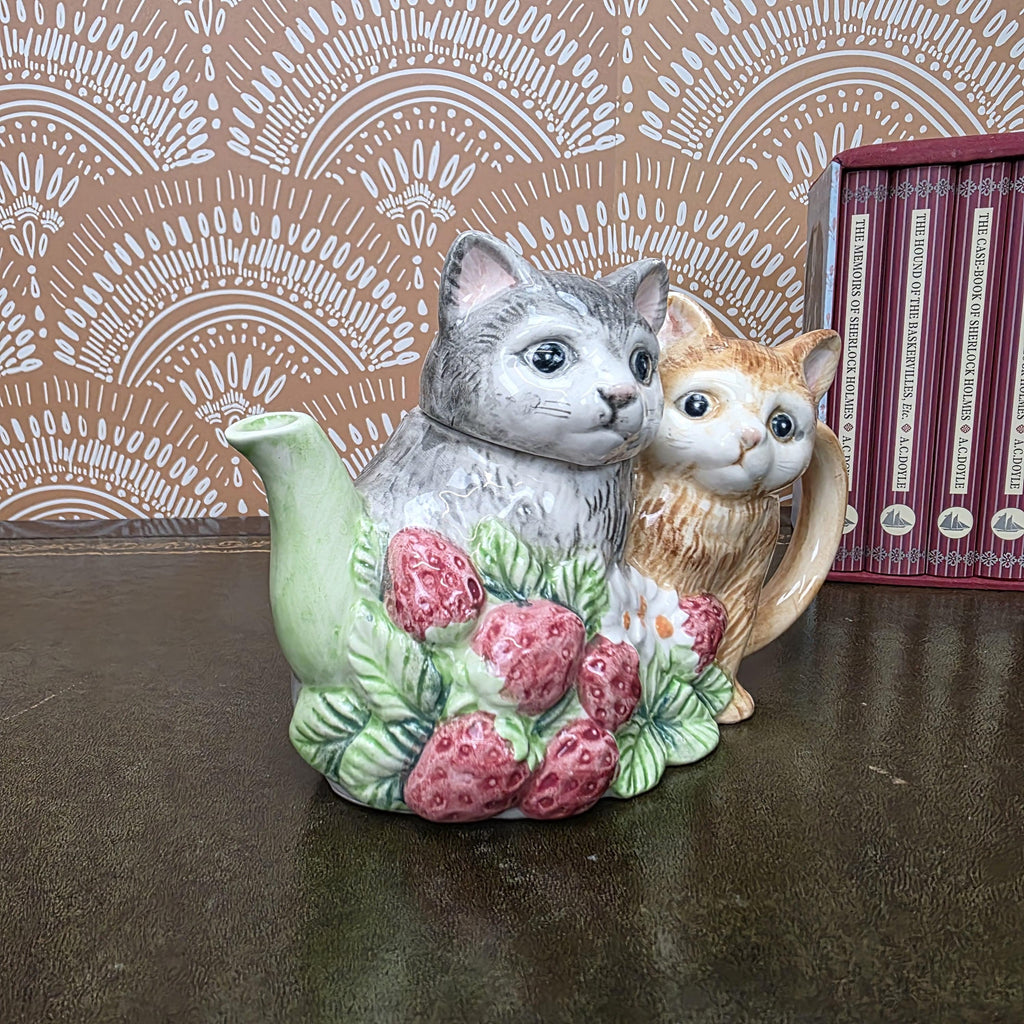 Vintage Ceramic Cat Teapot Strawberry Design Kittens Animal Cottagecore Kitchen Decor Collectible Piece