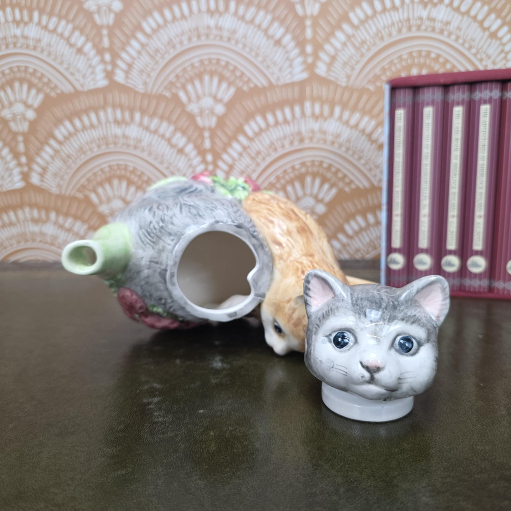 Vintage Ceramic Cat Teapot Strawberry Design Kittens Animal Cottagecore Kitchen Decor Collectible Piece