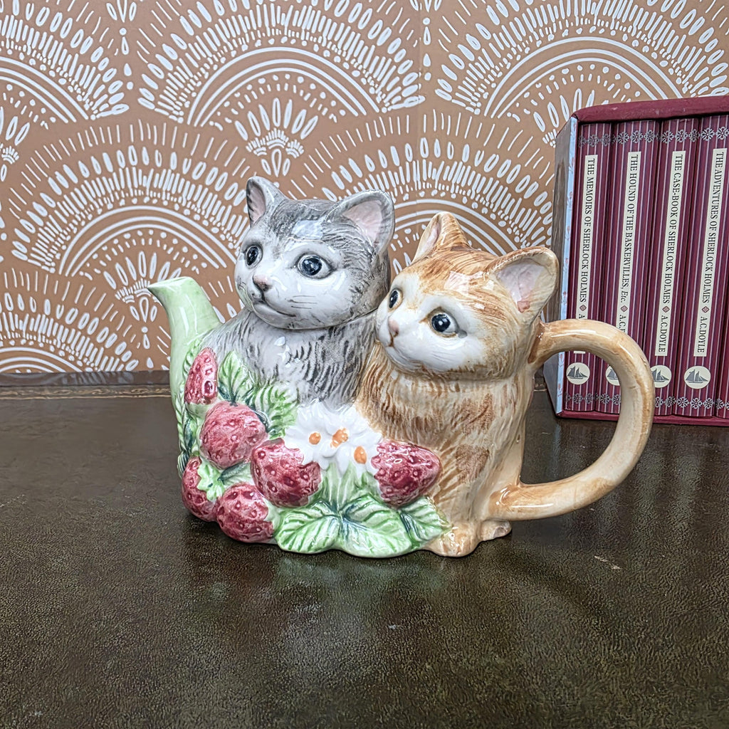 Vintage Ceramic Cat Teapot Strawberry Design Kittens Animal Cottagecore Kitchen Decor Collectible Piece