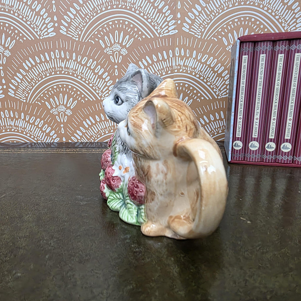Vintage Ceramic Cat Teapot Strawberry Design Kittens Animal Cottagecore Kitchen Decor Collectible Piece
