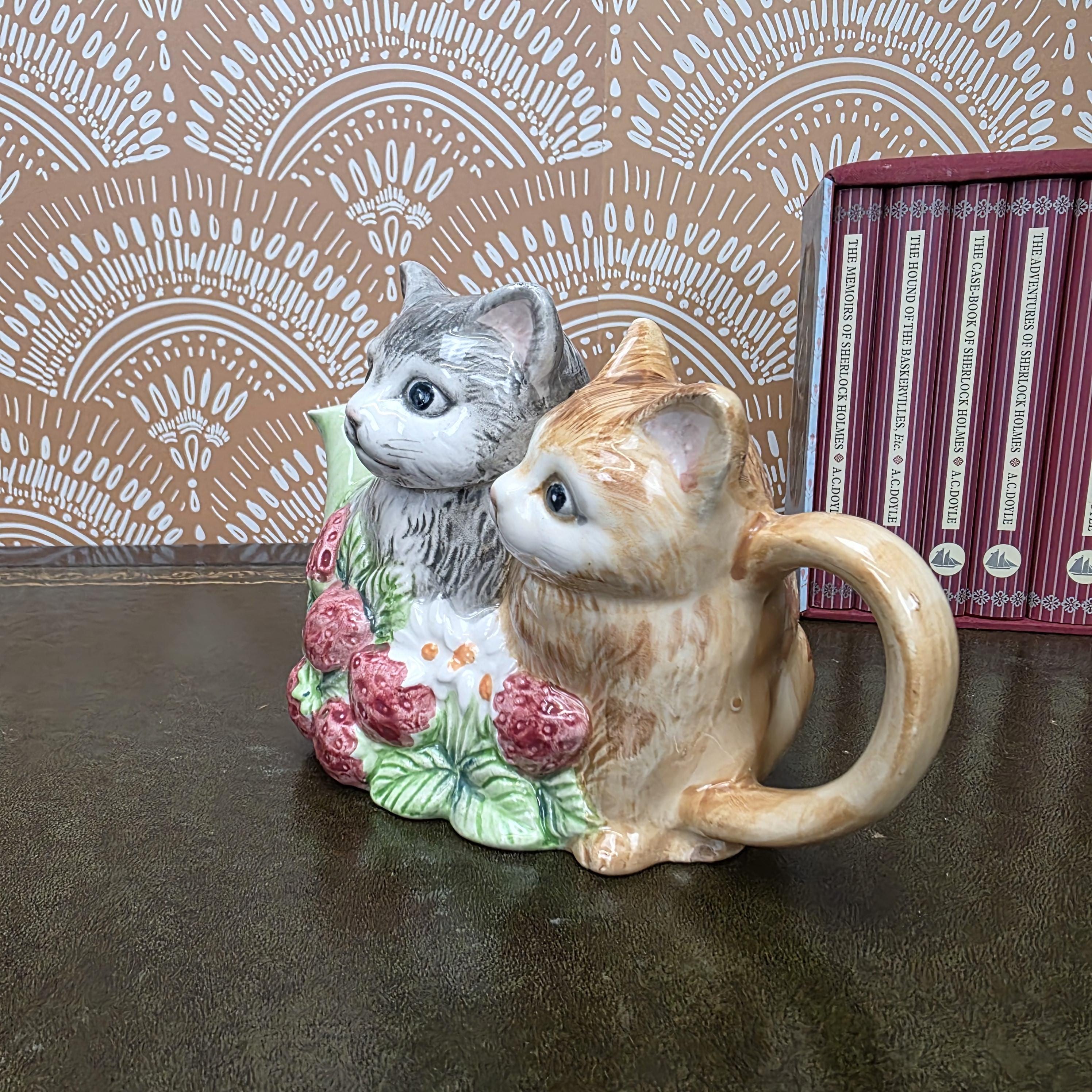 Vintage Ceramic Cat Teapot Strawberry Design Kittens Animal Cottagecore Kitchen Decor Collectible Piece