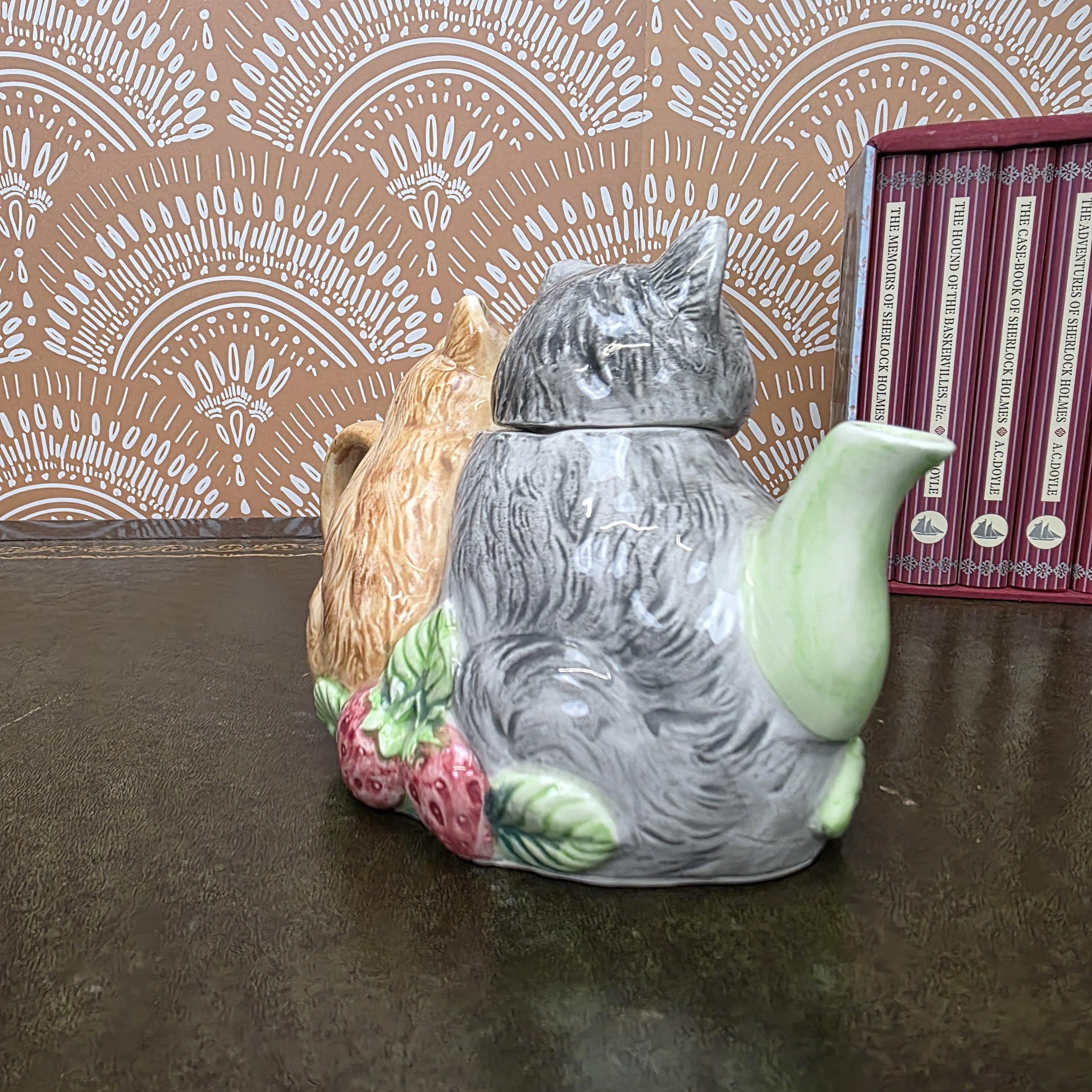 Vintage Ceramic Cat Teapot Strawberry Design Kittens Animal Cottagecore Kitchen Decor Collectible Piece