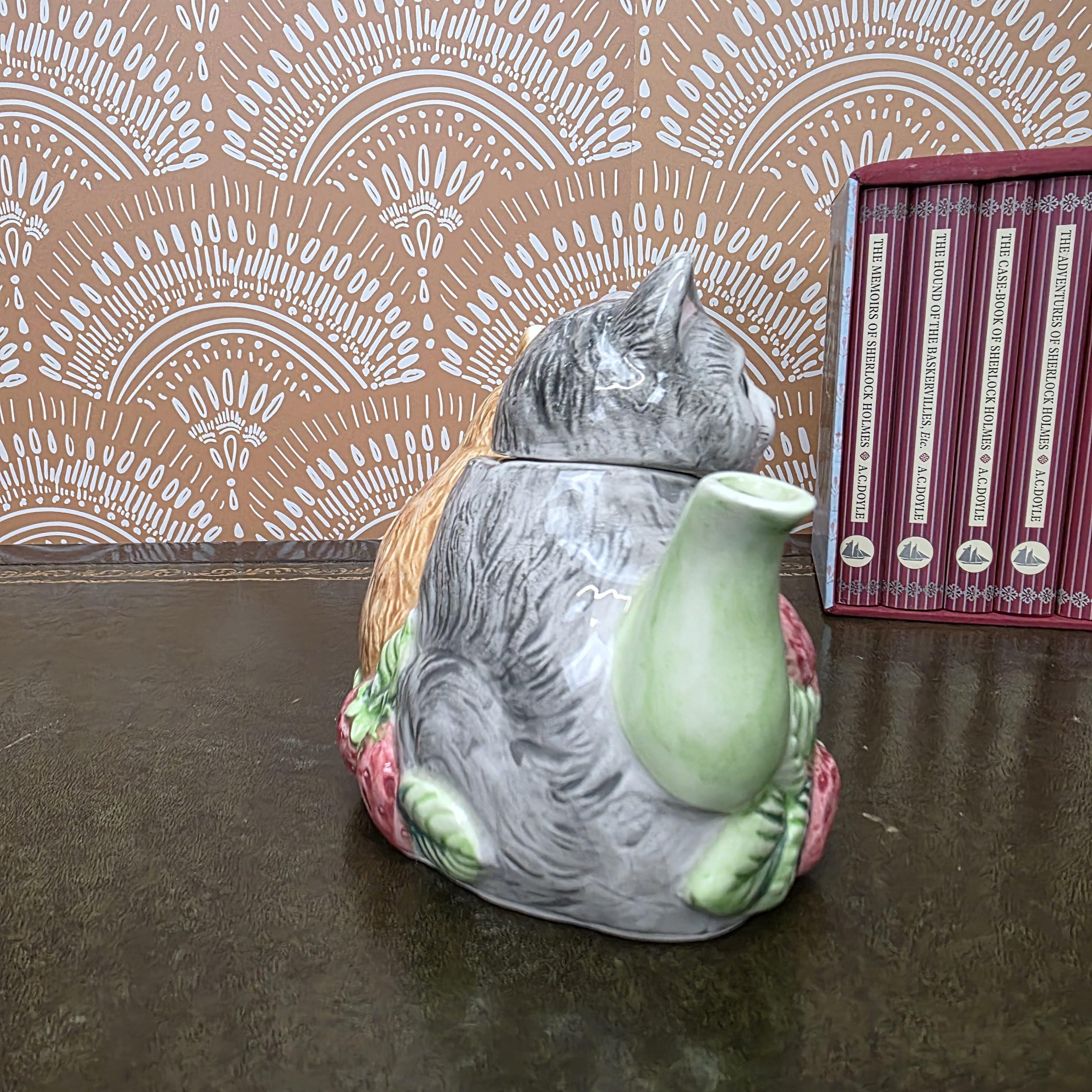 Vintage Ceramic Cat Teapot Strawberry Design Kittens Animal Cottagecore Kitchen Decor Collectible Piece